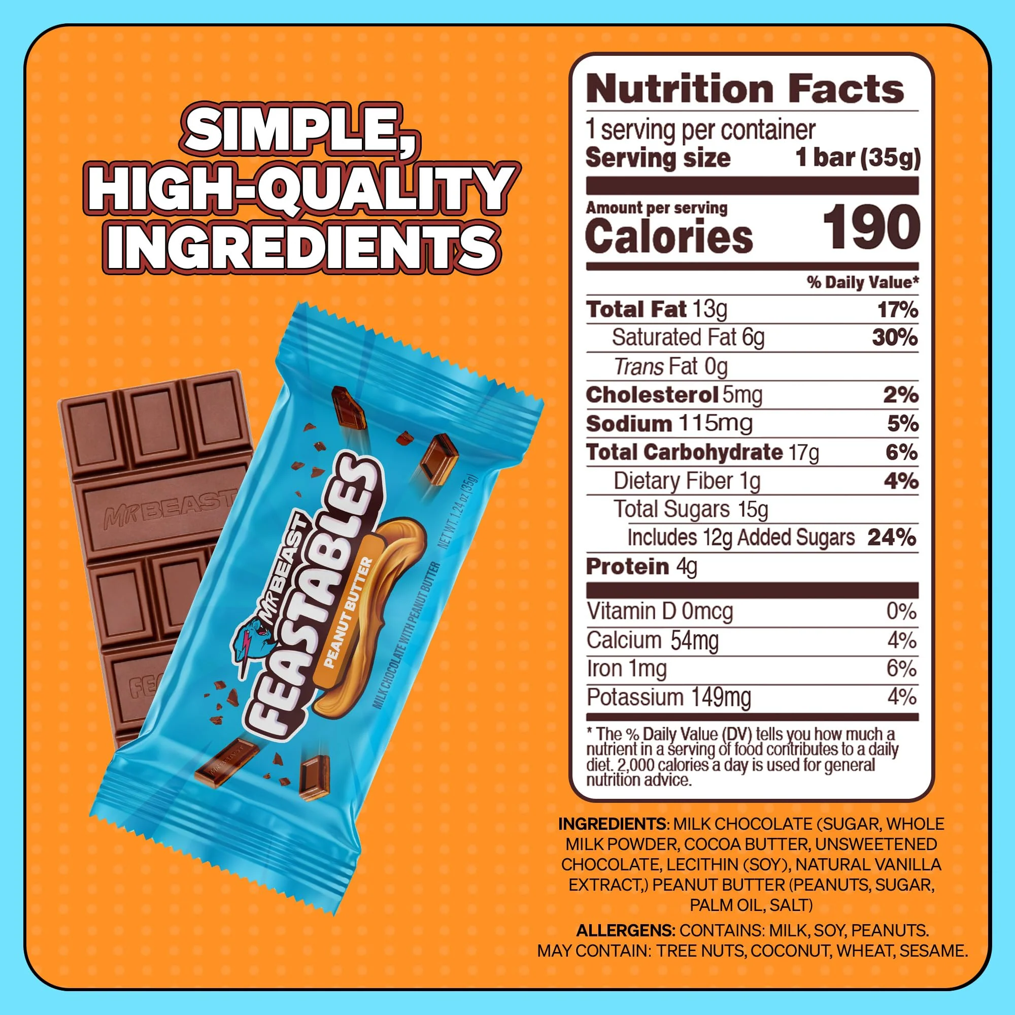 MrBeast Feastables Peanut Butter Milk Chocolate Bar, Full Size, 24 Count, Creamy Peanut Butter Filled Chocolate Candy, Fairtrade Cocoa, 1.24oz Each - Image 6