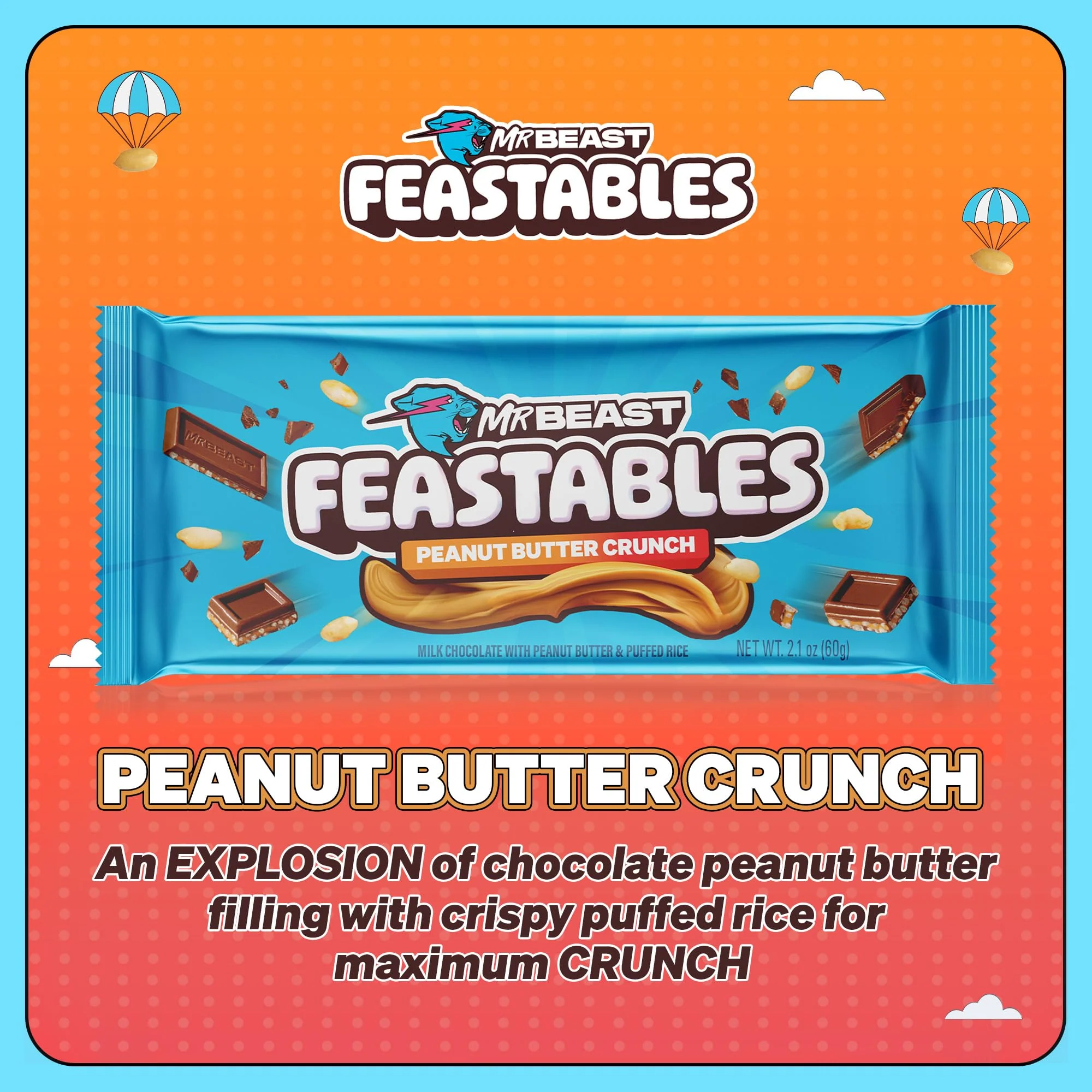 MrBeast Feastables Peanut Butter Milk Chocolate Crunch Bar, King Size, 10 Count, Peanut Butter & Crispy Rice Chocolate Candy, Fairtrade Cocoa, 2.1oz Each - Image 5