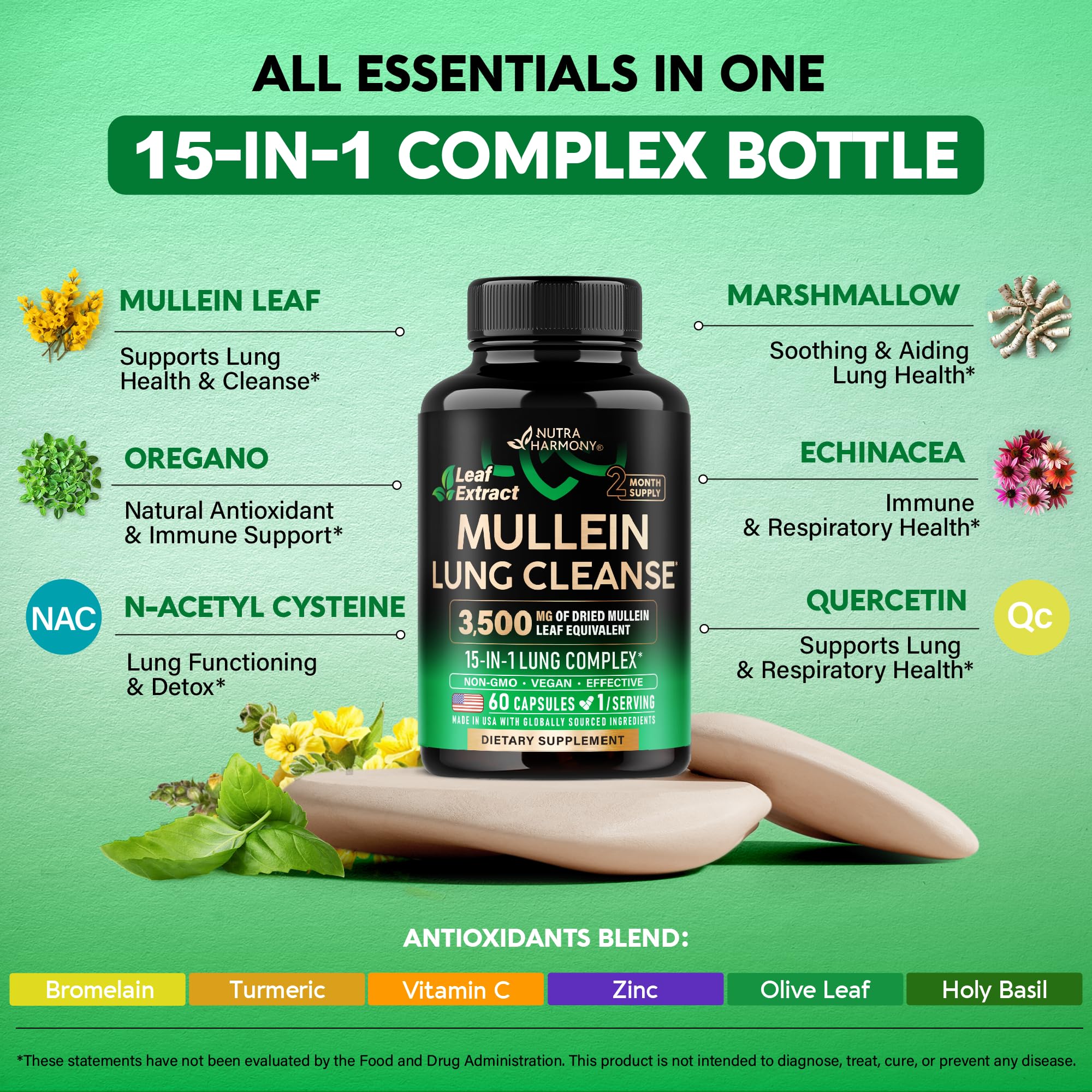Mullein Lung Detox - Mullein Leaf Extract - Marshmallow Root | Echinacea | Oregano | Quercetin | NAC - 15-in-1 Lung Support & Cleanse for Smokers Supplement - Made in USA - As Drops - 60 Capsules - Image 6