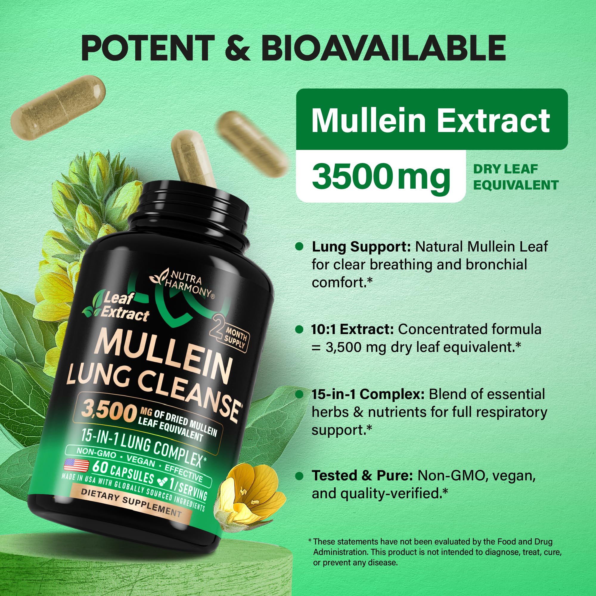 Mullein Lung Detox - Mullein Leaf Extract - Marshmallow Root | Echinacea | Oregano | Quercetin | NAC - 15-in-1 Lung Support & Cleanse for Smokers Supplement - Made in USA - As Drops - 60 Capsules - Image 7