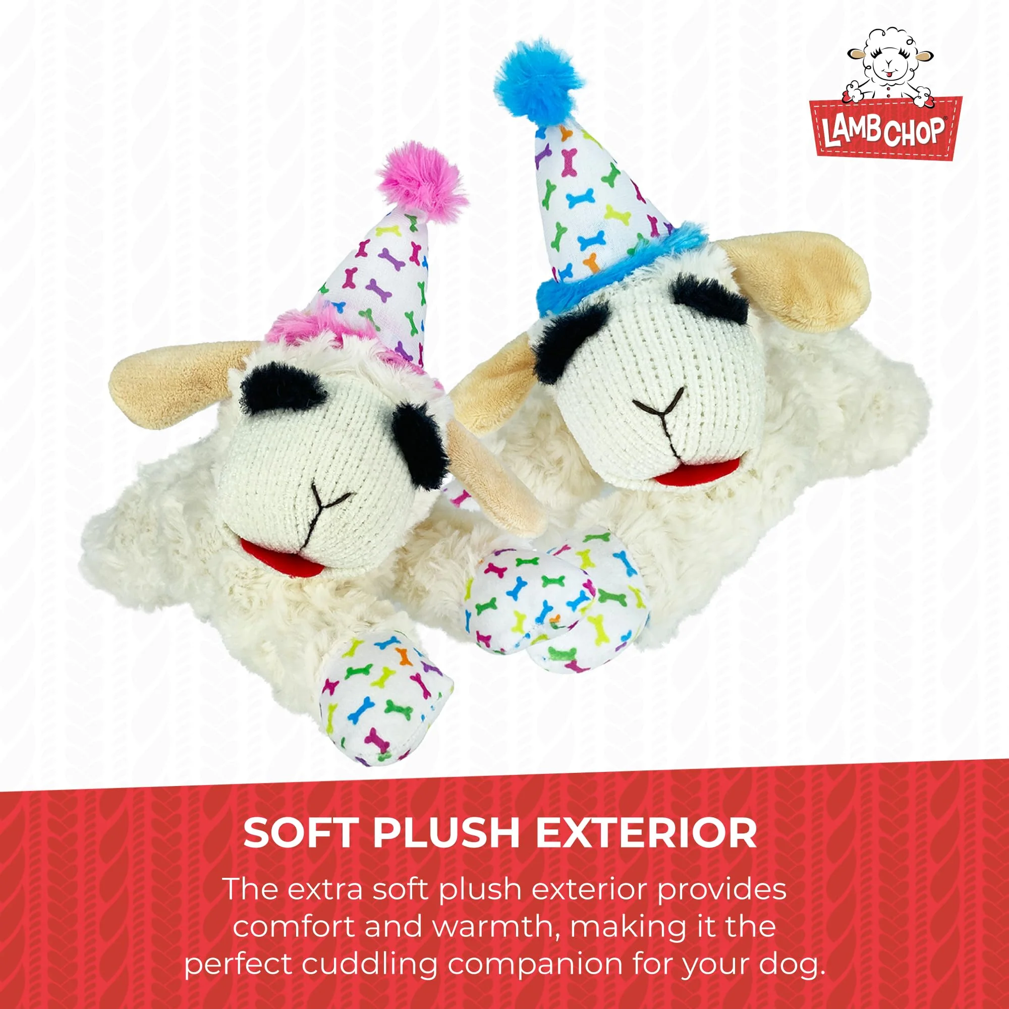 Multipet Lamb Chop Dog Plush Toy w/Birthday Hat - Squeaky Toy for All Dogs - Extra Soft Plush - Stuffed Animal for Cuddling & Playing (10.5", Blue Hat, 5 Squeakers) - Image 4