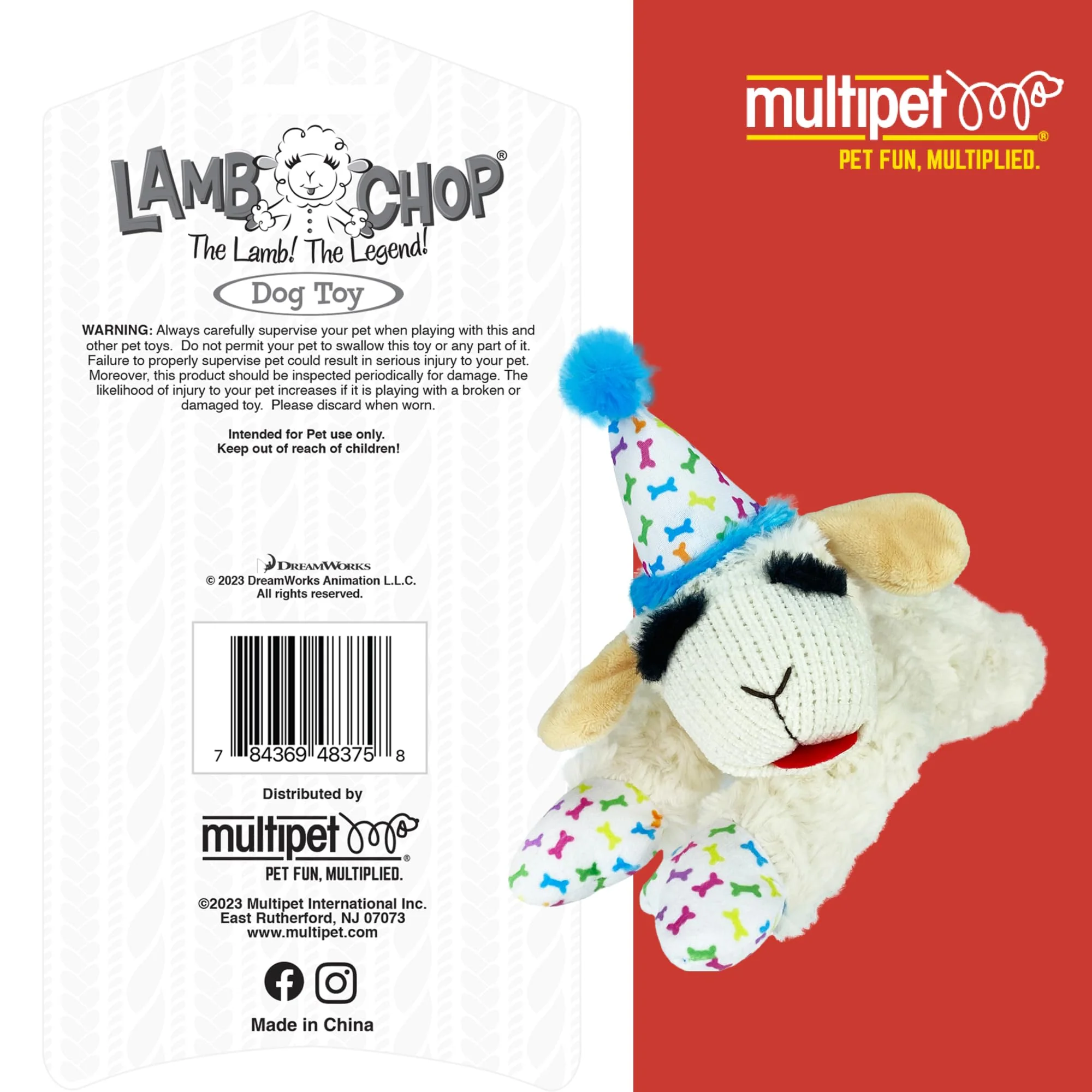Multipet Lamb Chop Dog Plush Toy w/Birthday Hat - Squeaky Toy for All Dogs - Extra Soft Plush - Stuffed Animal for Cuddling & Playing (10.5", Blue Hat, 5 Squeakers) - Image 5