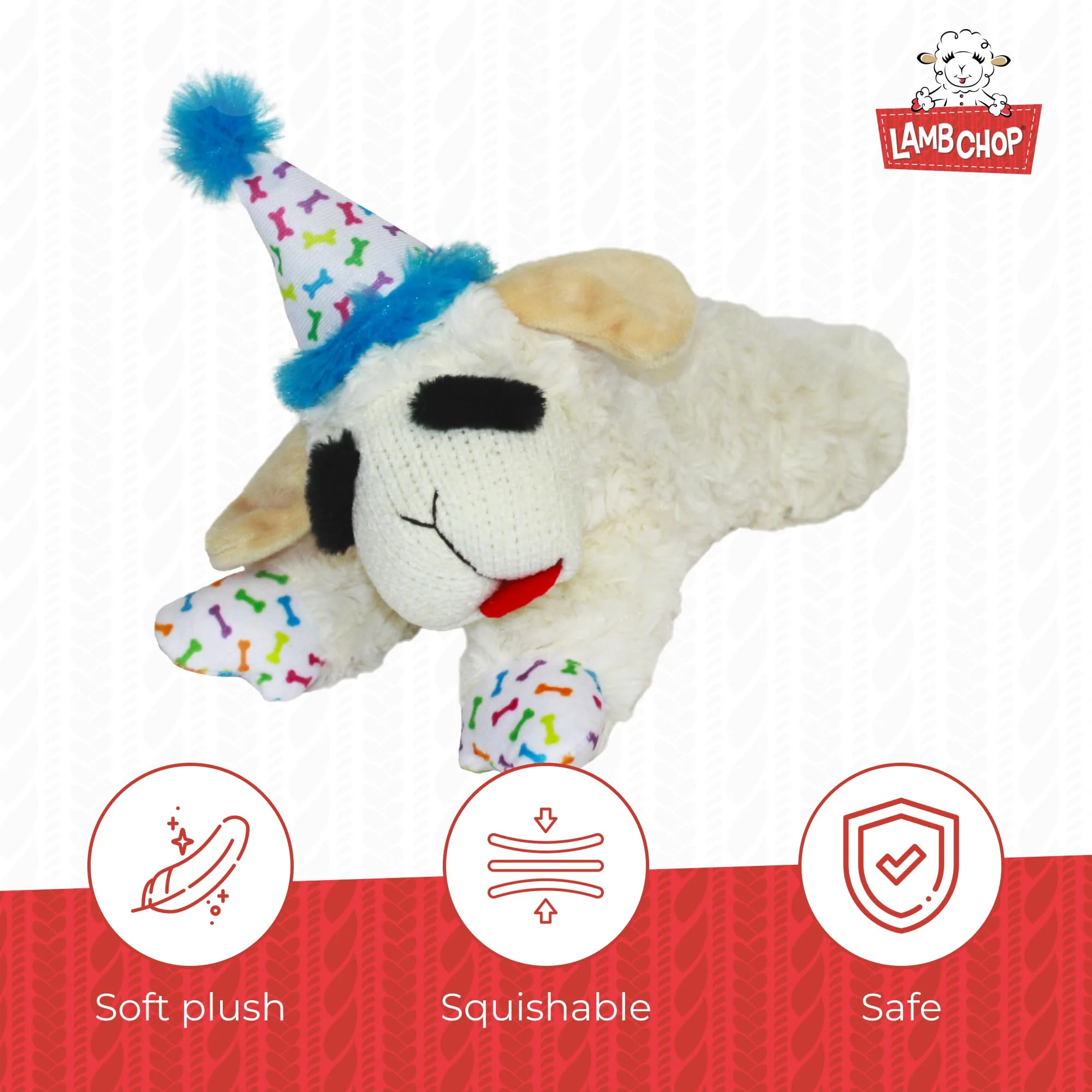 Multipet Lamb Chop Dog Plush Toy w/Birthday Hat - Squeaky Toy for All Dogs - Extra Soft Plush - Stuffed Animal for Cuddling & Playing (10.5", Blue Hat, 5 Squeakers) - Image 7