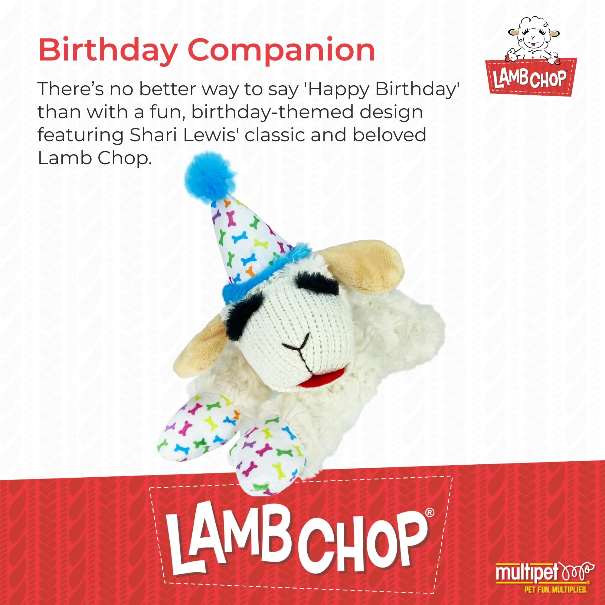Multipet Lamb Chop Dog Plush Toy w/Birthday Hat - Squeaky Toy for All Dogs - Extra Soft Plush - Stuffed Animal for Cuddling & Playing (10.5", Blue Hat, 5 Squeakers) - Image 8