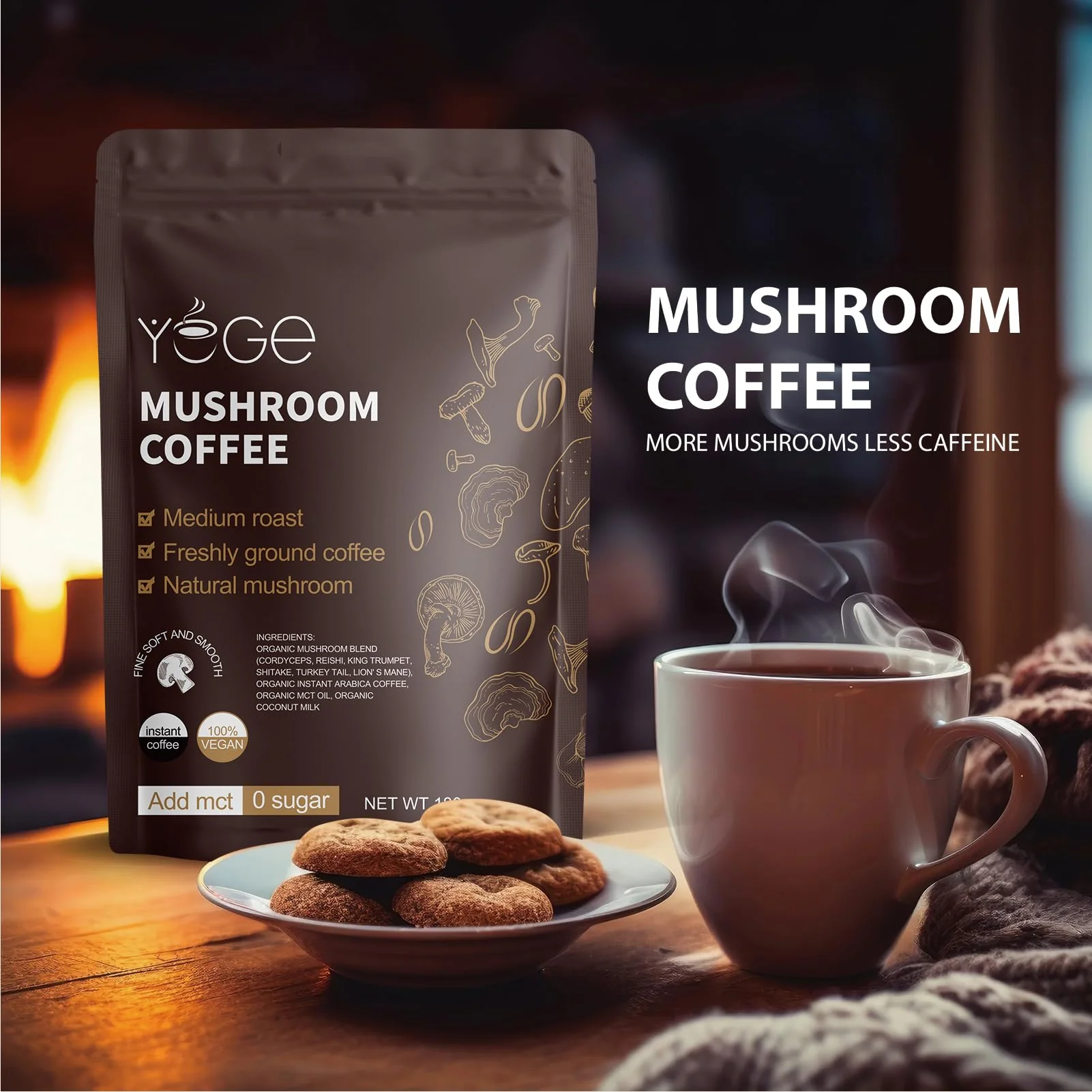 Mushroom Coffee, Instant Mushroom Coffee with Cordyceps, Reishi, King Trumpet, Shitake, Turkey Tail, Lions Mane for Energy, Focus, Positive Mood & Immune Support (30 Servings) - Image 3