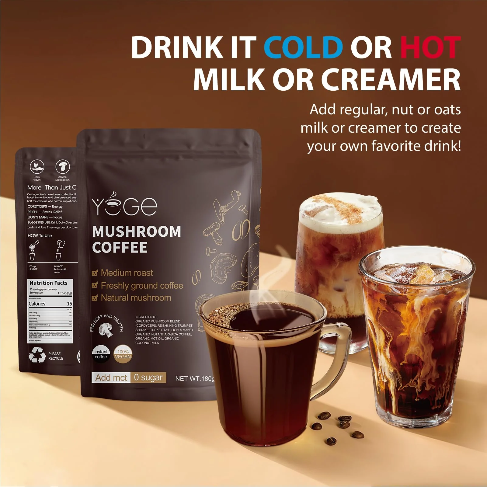 Mushroom Coffee, Instant Mushroom Coffee with Cordyceps, Reishi, King Trumpet, Shitake, Turkey Tail, Lions Mane for Energy, Focus, Positive Mood & Immune Support (30 Servings) - Image 4