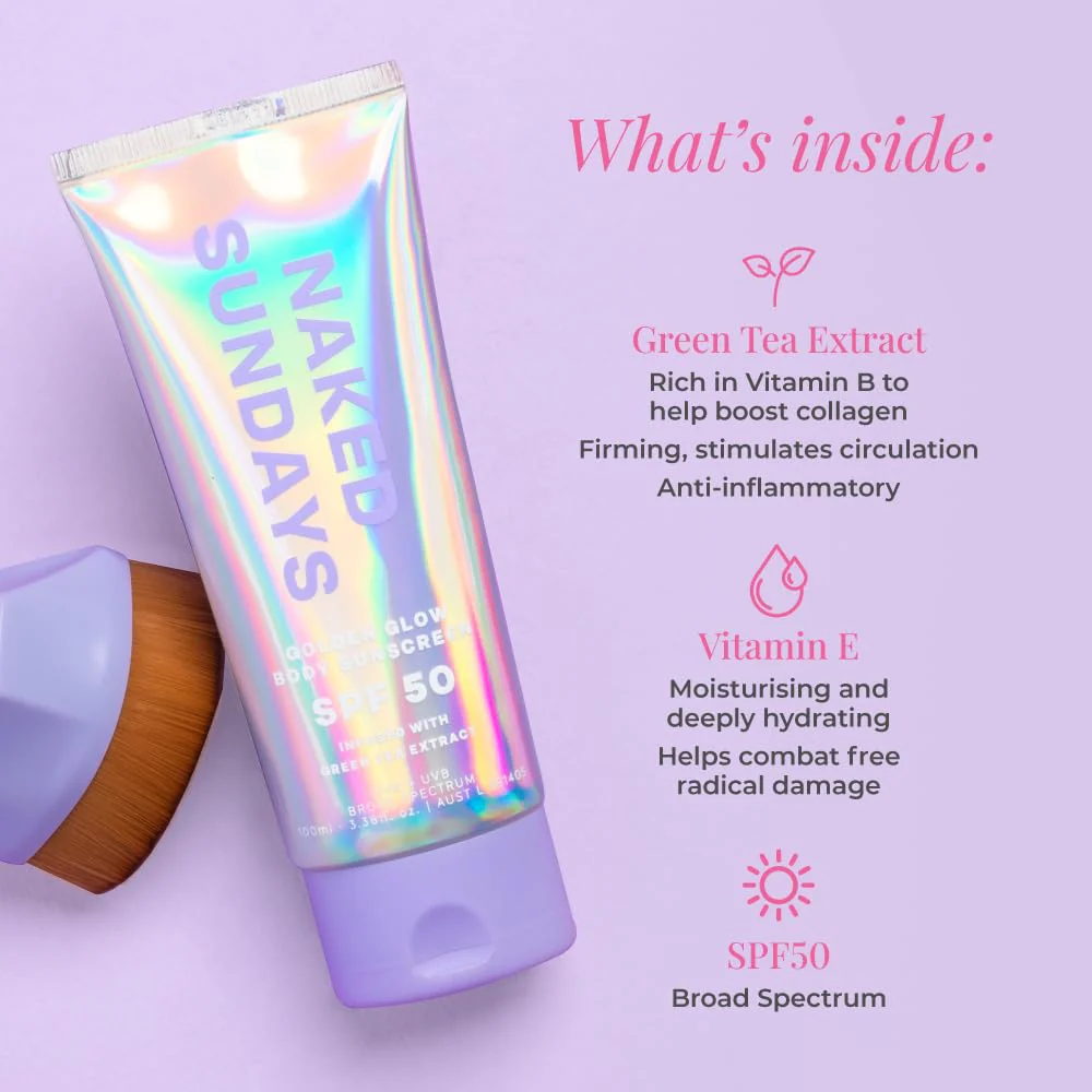 Naked Sundays SPF50 Golden Glow Body Sunscreen – Broad Spectrum UVA/UVB Protection, Glowy & Shimmering, Fragrance-Free, Firming, Non-Transfer SPF Lotion – 100ml - Image 6