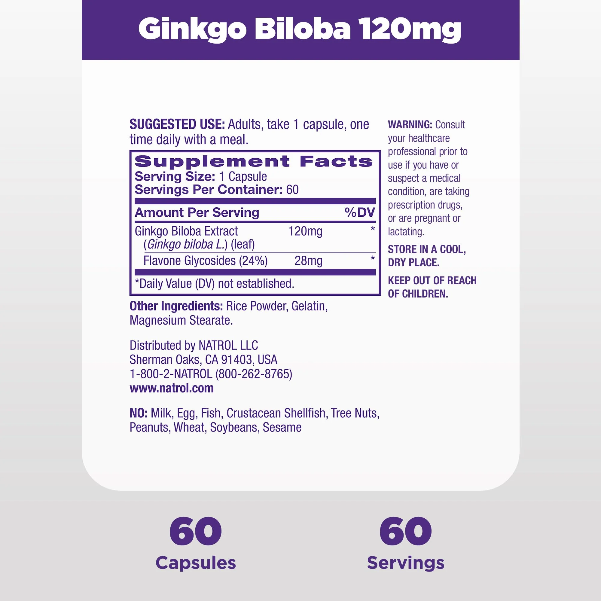 Natrol Brain Health Ginkgo Biloba 120mg, Dietary Supplement for Brain Health and Memory Support, 60 Capsules, 60 Day Supply - Image 6