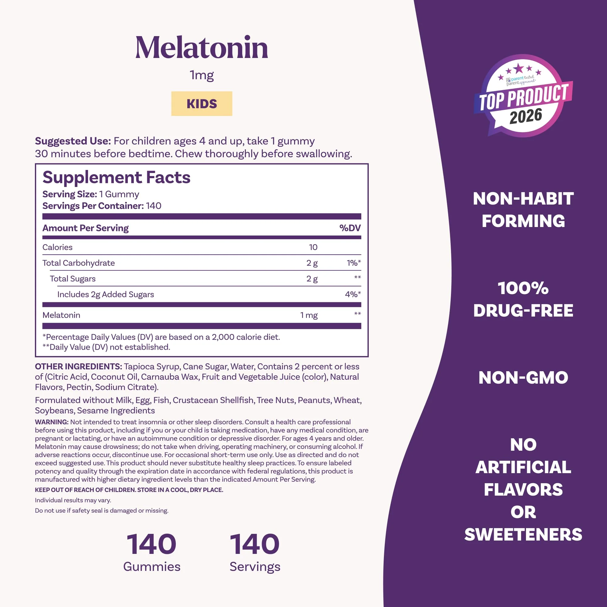 Natrol Kids Melatonin Gummies 1mg, Children's Melatonin for Restful Sleep, 140 Raspberry-Flavored Sleep Gummies, 140 Day Supply - Image 4