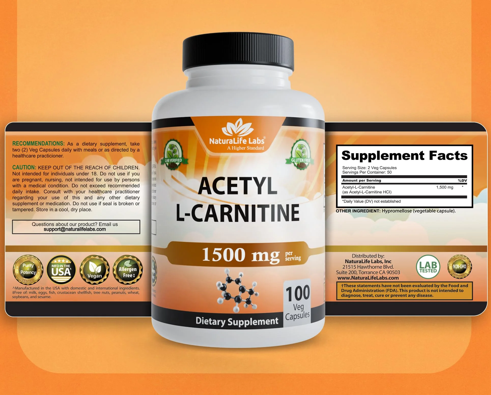 NaturaLife Labs Acetyl L-Carnitine (ALCAR) 1500 mg per Serving – 100 Capsules – Non-GMO, Gluten-Free, Vegan - Image 2