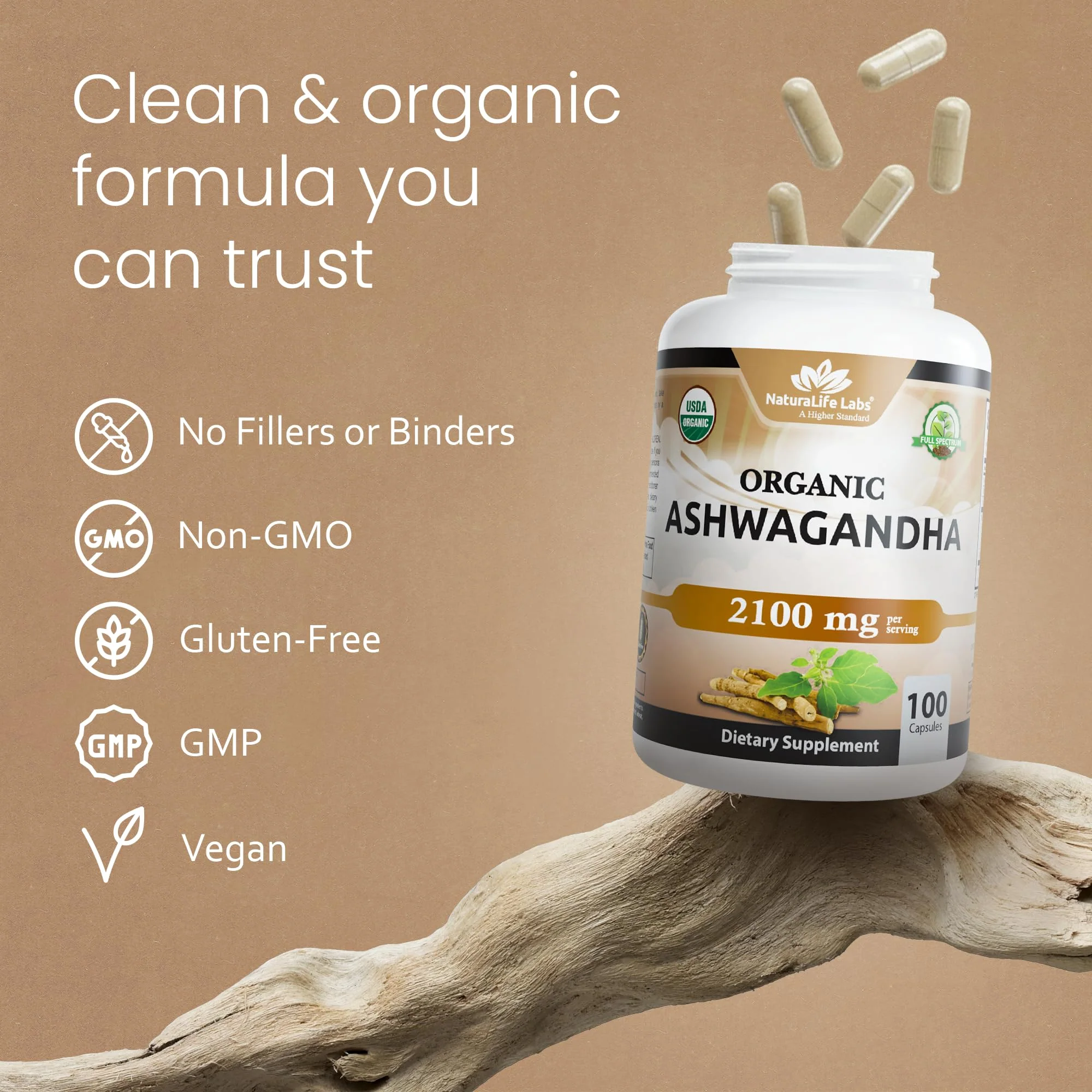 NaturaLife Labs Organic Ashwagandha 2100 mg per Serving – Herbal Supplement Root Powder & Extract – 100 Capsules – Vegan, Non-GMO, Gluten-Free - Image 4