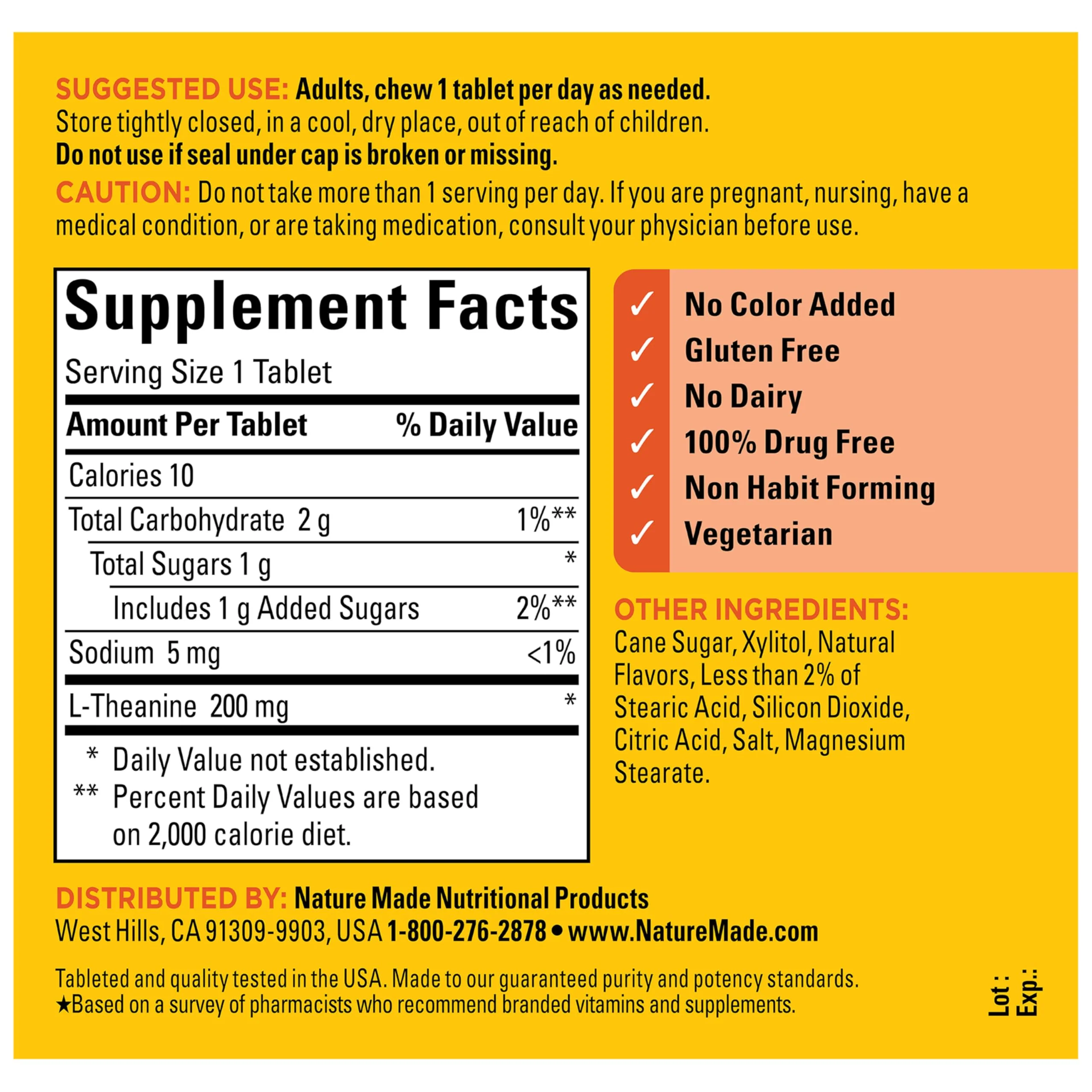 Nature Made Chewable L Theanine 200mg, L-Theanine Supplement for Stress Relief, 50 Chewable Tablets, 50 Day Supply - Image 5