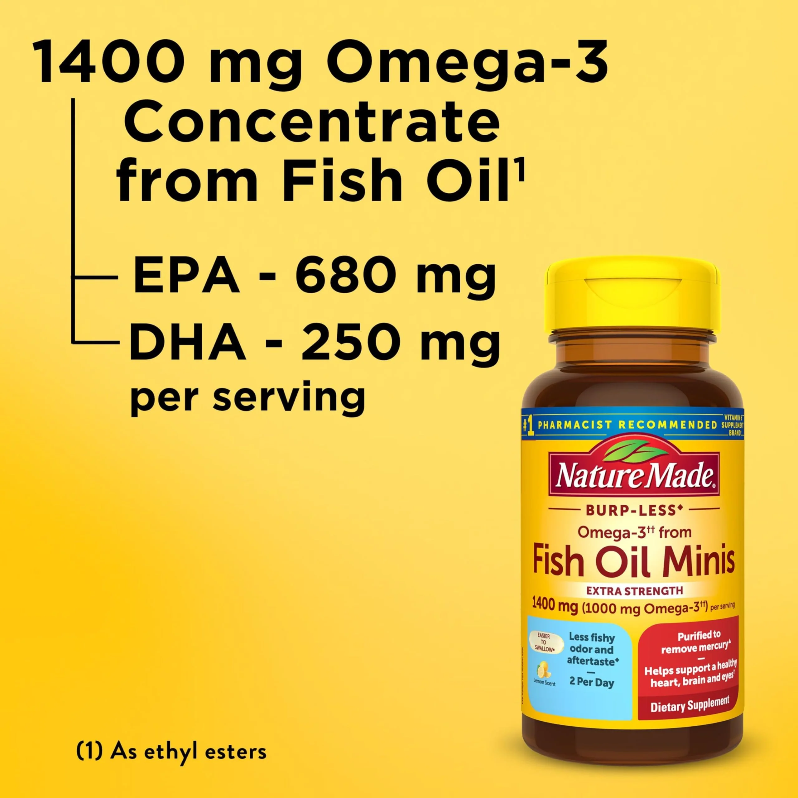 Nature Made Extra Strength Burp Less Fish Oil Omega 3 Supplements 1400 mg Minis, Omega 3 Fish Oil as Ethyl Esters for Healthy Heart Brain Eyes Support, 60 Softgels, 30 Day Supply - Image 7