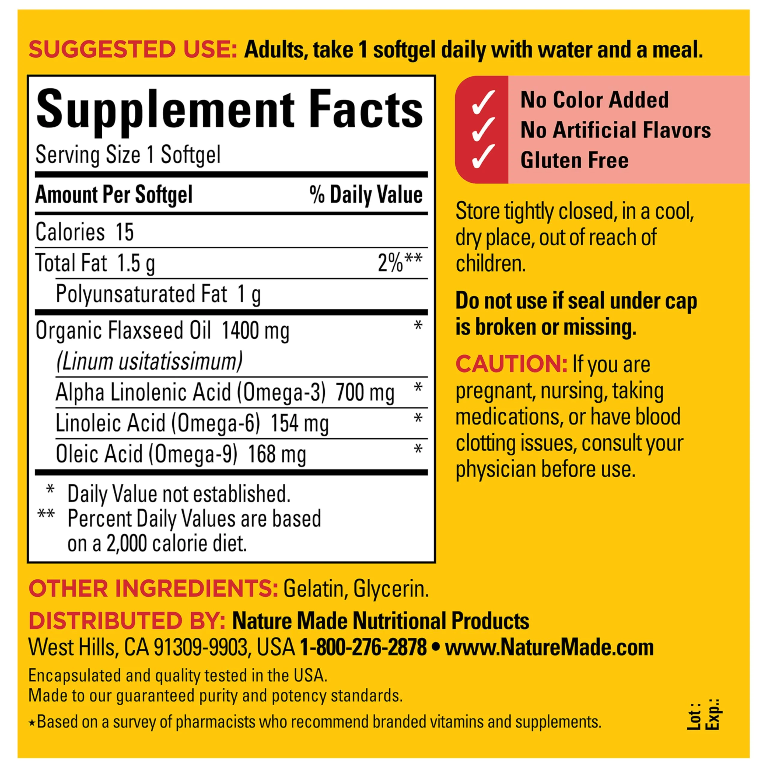 Nature Made Extra Strength Flaxseed Oil 1400 mg, Fish Free Omega 3 Supplement, Dietary Supplement for Heart Health Support, 100 Softgels, 100 Day Supply - Image 3