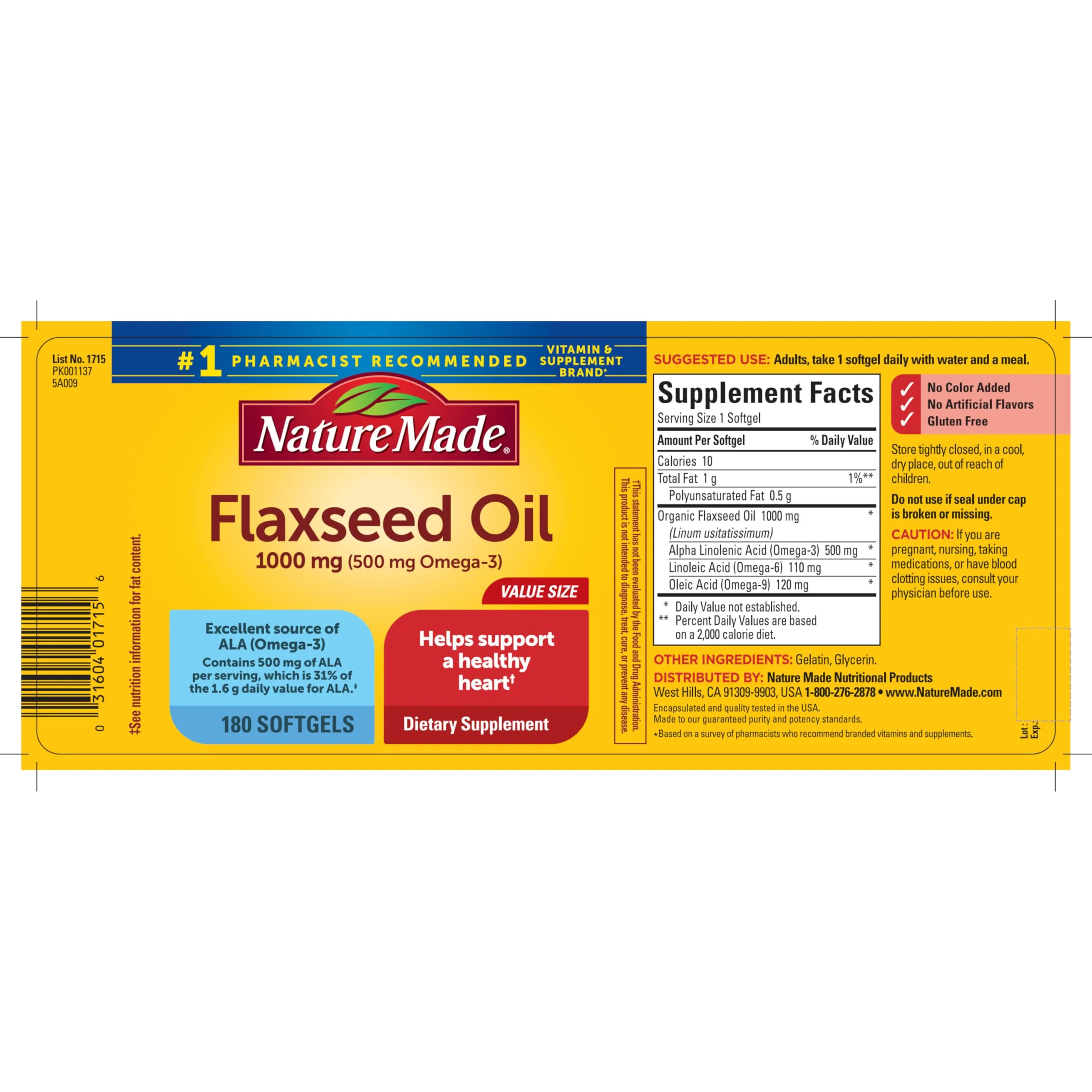Nature Made Flaxseed Oil 1000 mg, Fish Free Omega 3 Supplement, Dietary Supplement for Heart Health Support, 180 Softgels, 180 Day Supply - Image 3