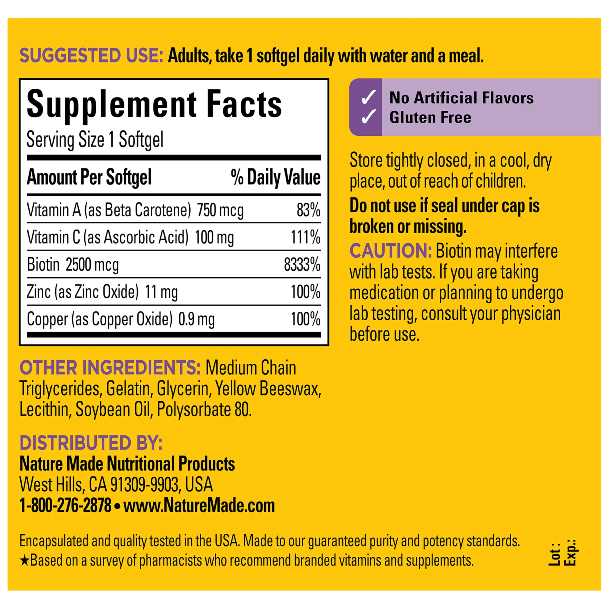 Nature Made Hair Skin and Nails with Biotin 2500 mcg, Dietary Supplement For Healthy Hair Skin and Nails Support, 120 Softgels, 120 Day Supply - Image 3