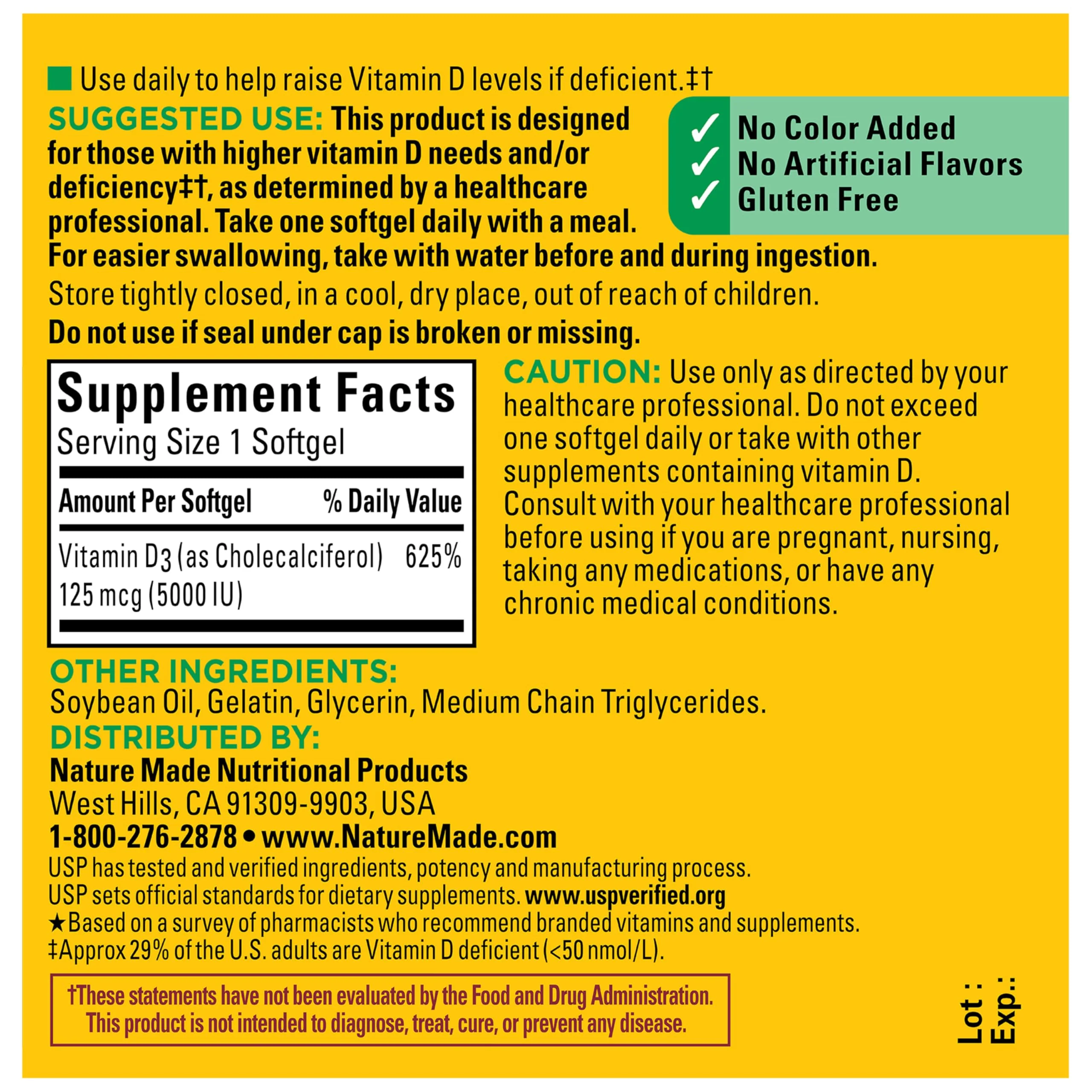 Nature Made Vitamin D3 5000 IU (125 mcg) Softgels, Extra Strength Vitamin D Supplement for Bone and Immune Health Support, 180 Count, 180 Day Supply - Image 3