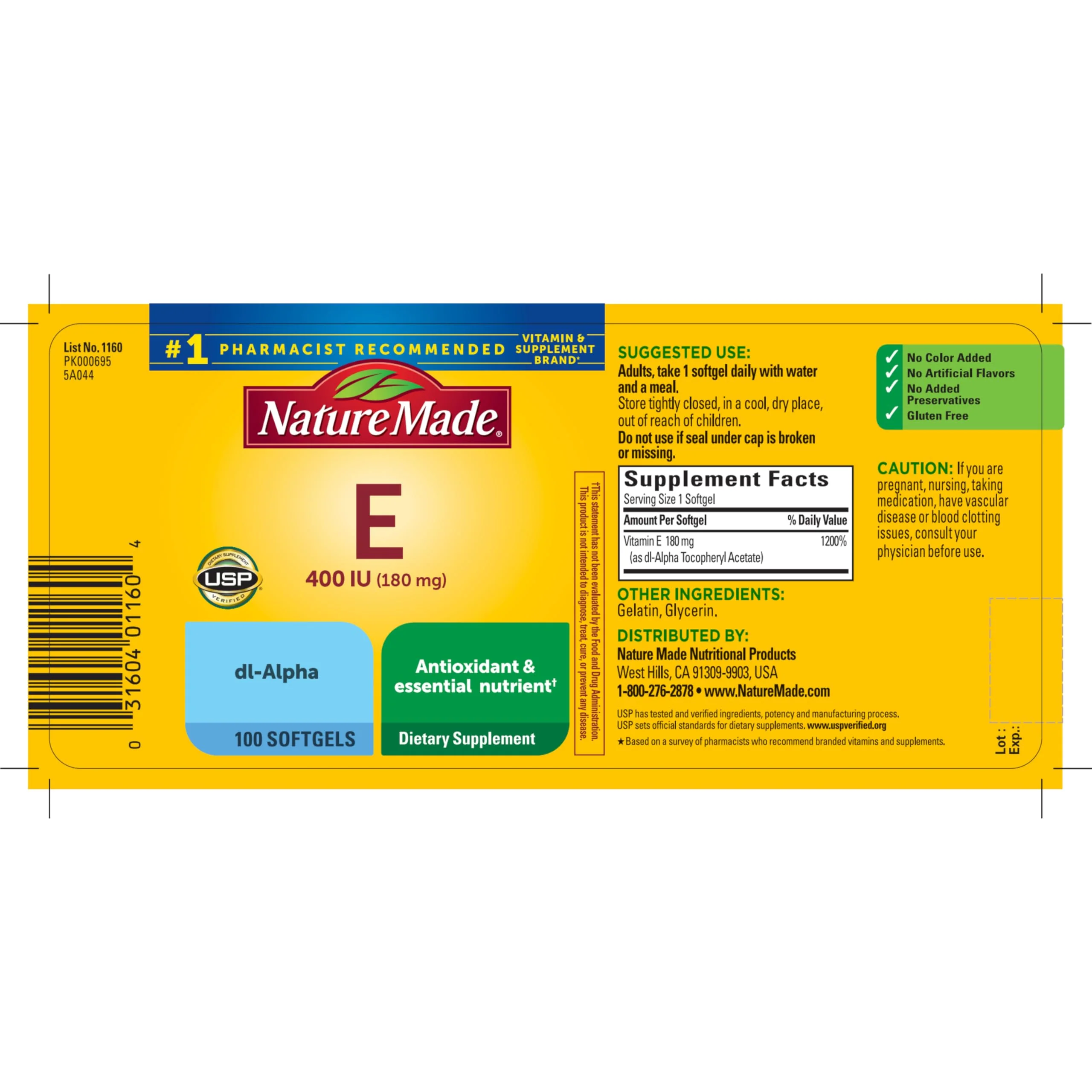 Nature Made Vitamin E 180 mg (400 IU) dl-Alpha, Dietary Supplement for Antioxidant and Skin Support, 100 Softgels, 100 Day Supply - Image 3