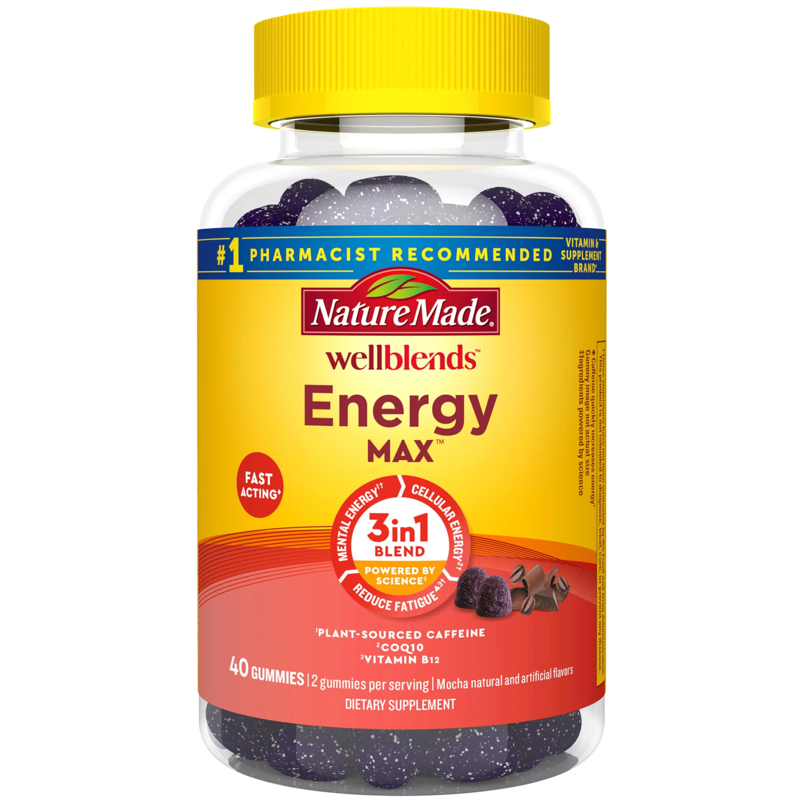 Nature Made Wellblends EnergyMAX Gummies, Fast Acting Caffeine, CoQ10 & Vitamin B12 1000mcg, Energy Support Gummy Vitamins, Nature Made Gummies, 40 Count
