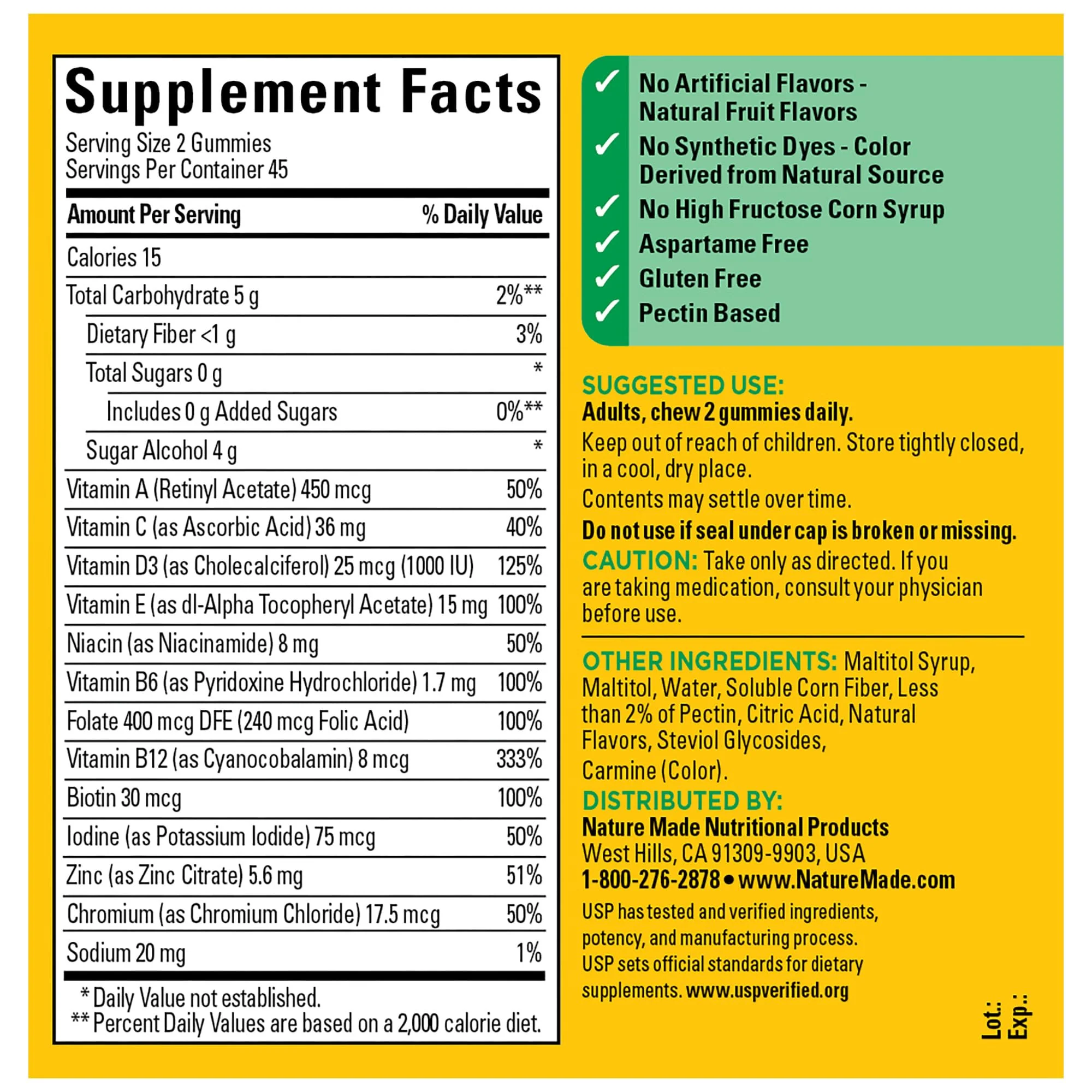 Nature Made Zero Sugar Multivitamin Gummies, Mens & Womens Multivitamins, Daily Nutritional Support Vitamin and Mineral Supplement, Aspartame Free, 90 Gummies, 45 Day Supply - Image 6