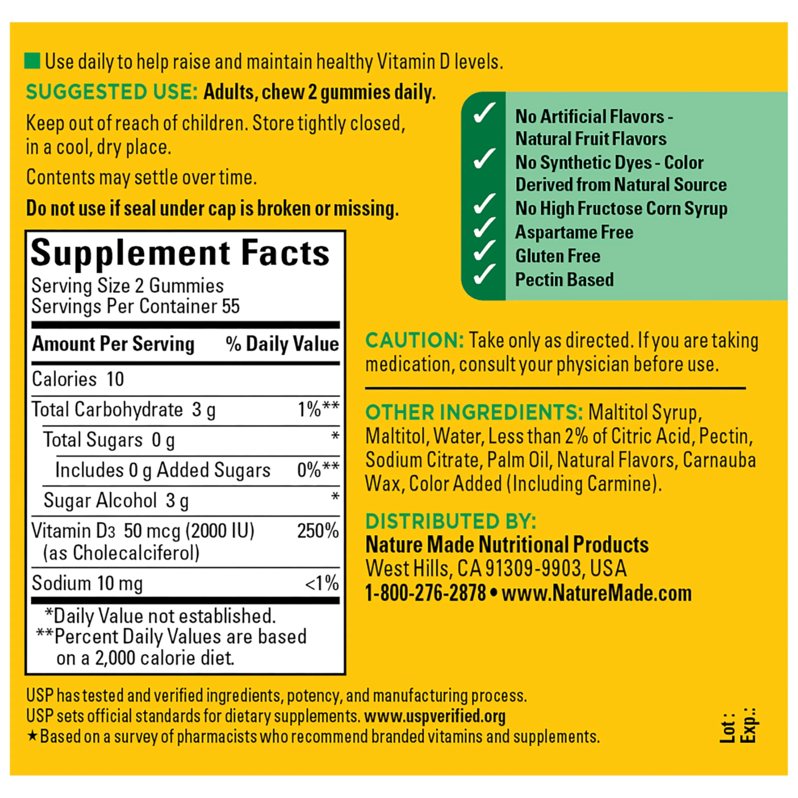 Nature Made Zero Sugar Vitamin D3 Gummies 2000 IU (50 mcg) Per Serving, Bone & Immune Support, Aspartame Free, 110 Vitamin D Gummies, 55 Day Supply - Image 3