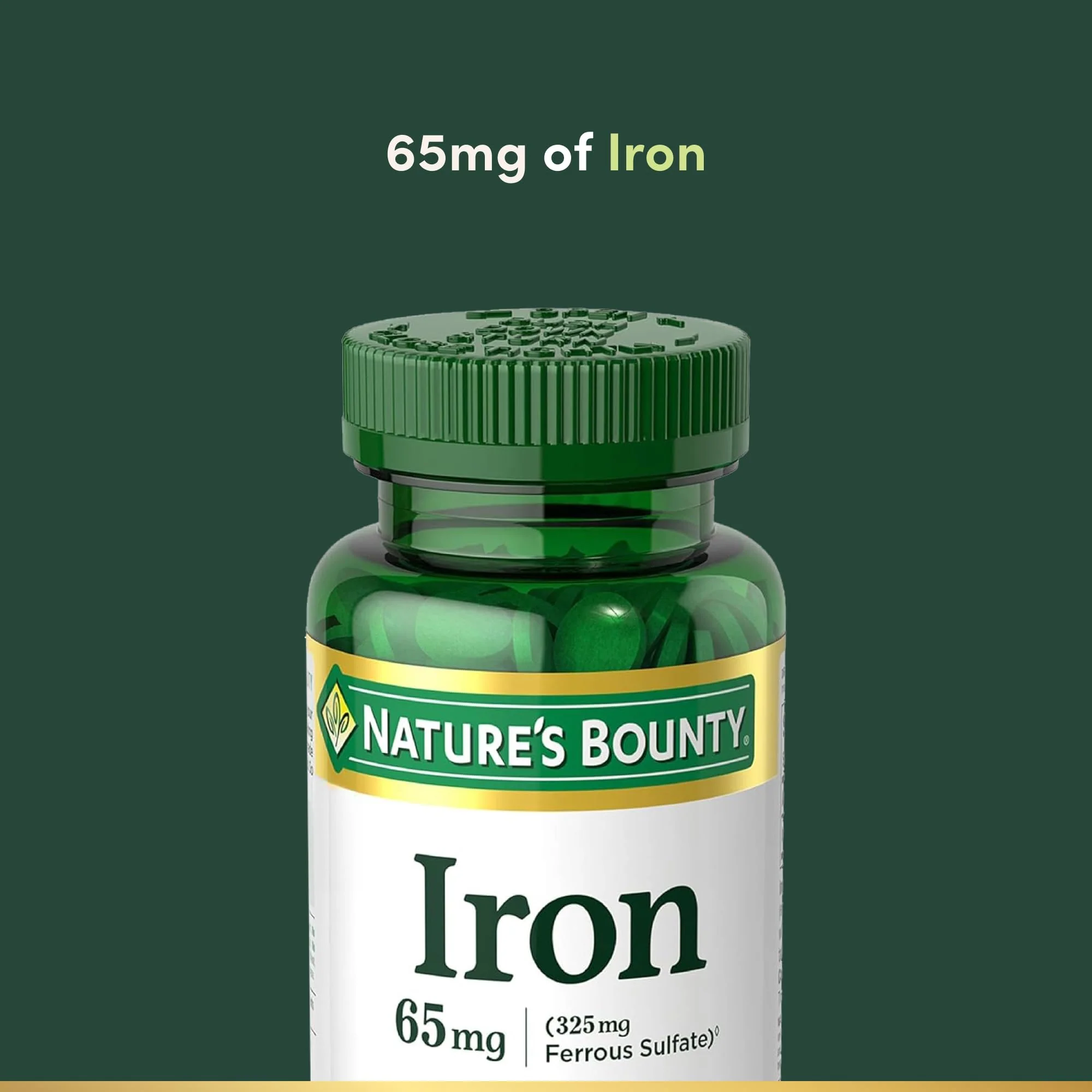 Nature’s Bounty Iron 65mg, 325 mg Ferrous Sulfate, Cellular Energy Support, Promotes Normal Red Blood Cell Production, 1 Serving Per Day, Gluten Free, 100 Vegetarian Tablets - Image 5