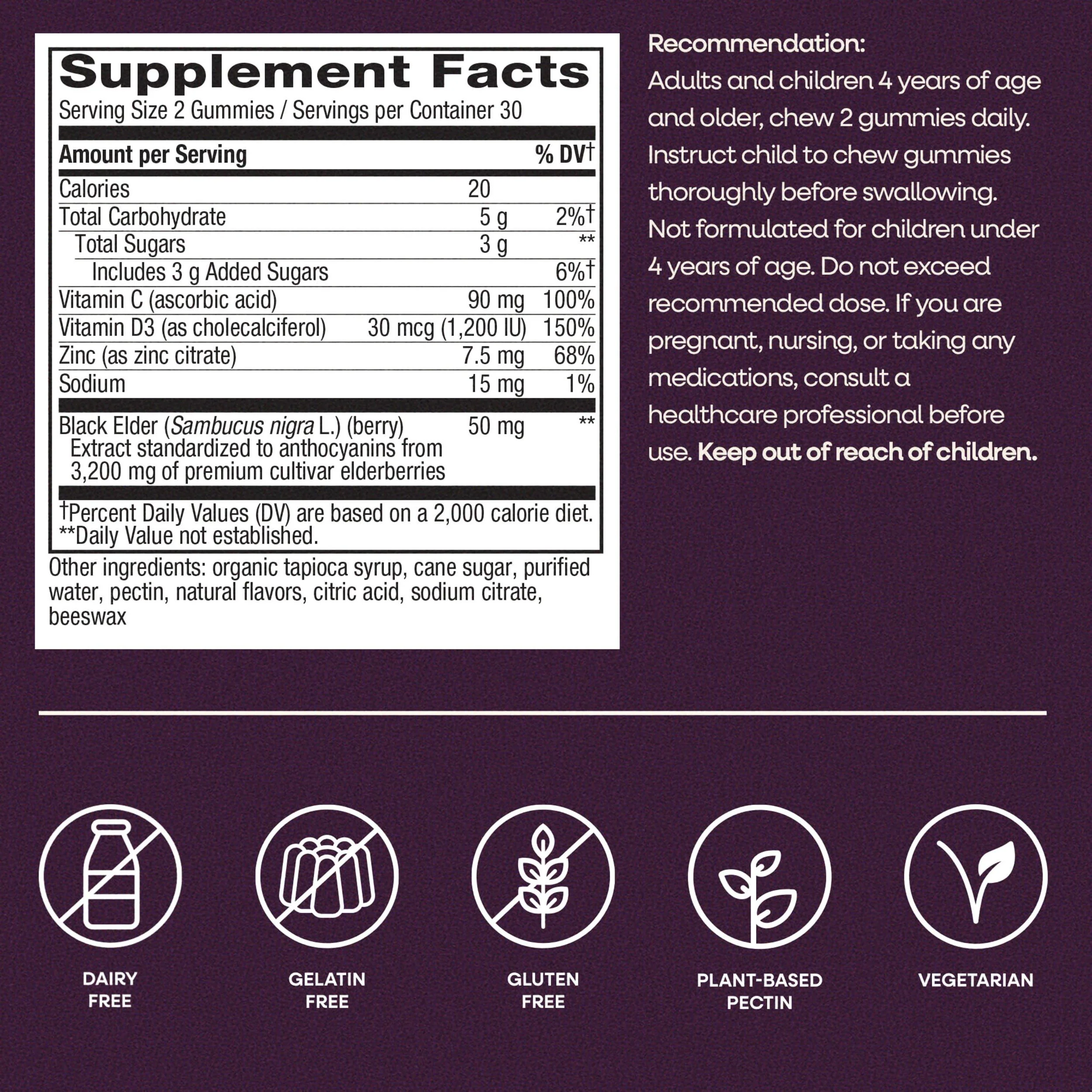 Nature’s Way Sambucus Elderberry Immune Gummies, Daily Immune Support for Kids and Adults*, with Vitamin C, Vitamin D3, Zinc, Gluten Free, Vegetarian, 60 Gummies (Packaging May Vary) - Image 3