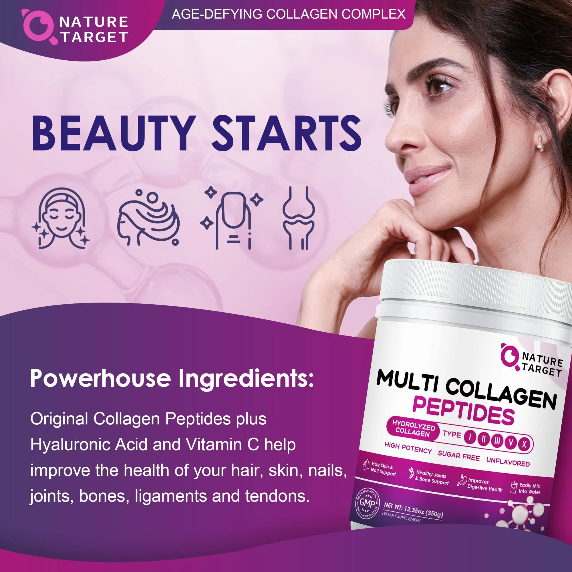 NATURE TARGET Multi Collagen Peptides Powder - Type I, II, III, V, X - Hydrolyzed Collagen Peptides with Vitamin C Hyaluronic Acid, Supports Skin Hair Nail & Joint, Grass-Fed, Non-GMO, 35 Servings - Image 5