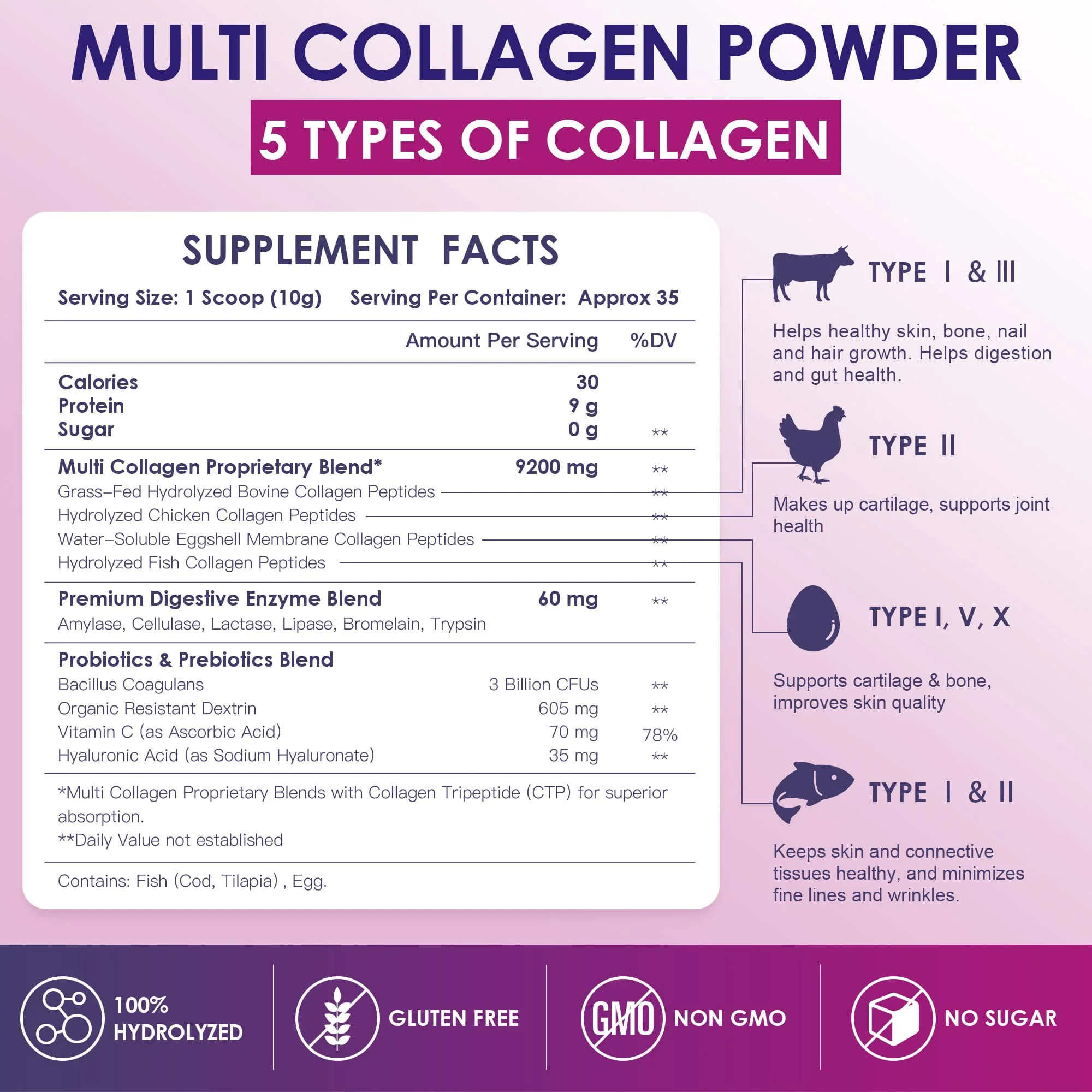 NATURE TARGET Multi Collagen Peptides Powder - Type I, II, III, V, X - Hydrolyzed Collagen Peptides with Vitamin C Hyaluronic Acid, Supports Skin Hair Nail & Joint, Grass-Fed, Non-GMO, 35 Servings - Image 7