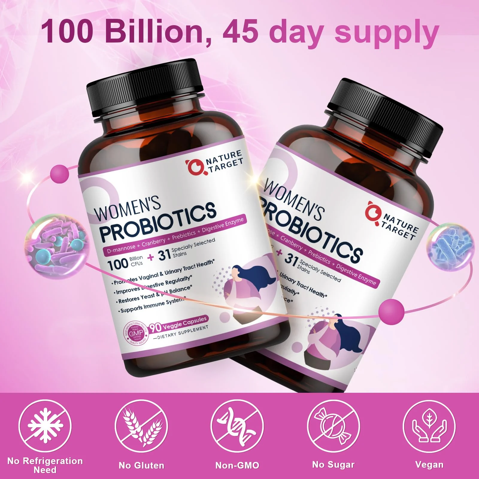 NATURE TARGET Probiotics for Women, 100 Billion CFUs Probiotic with Digestive Enzymes & Prebiotics, Vaginal Probiotics with Cranberry for Urinary Tract Health, pH Balance, 90 Veggie Capsules - Image 4