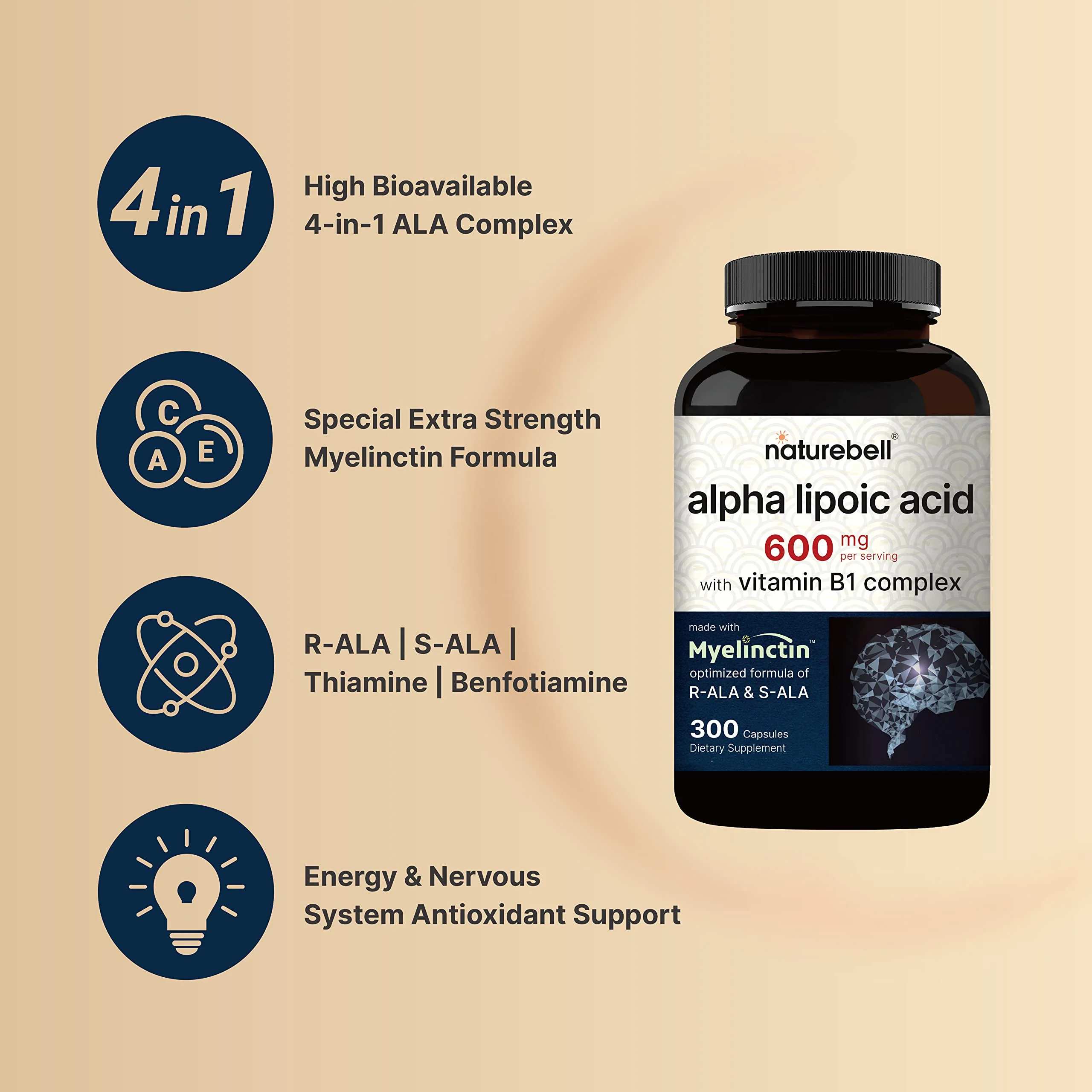 NatureBell Alpha Lipoic Acid Complex, 600mg, 300 Capsules | 4-in-1 Myelinctin Formula with R-ALA, S-ALA, Thiamine & Benfotiamine | High Absorption & Antioxidant Support | Non-GMO, Gluten-Free - Image 7