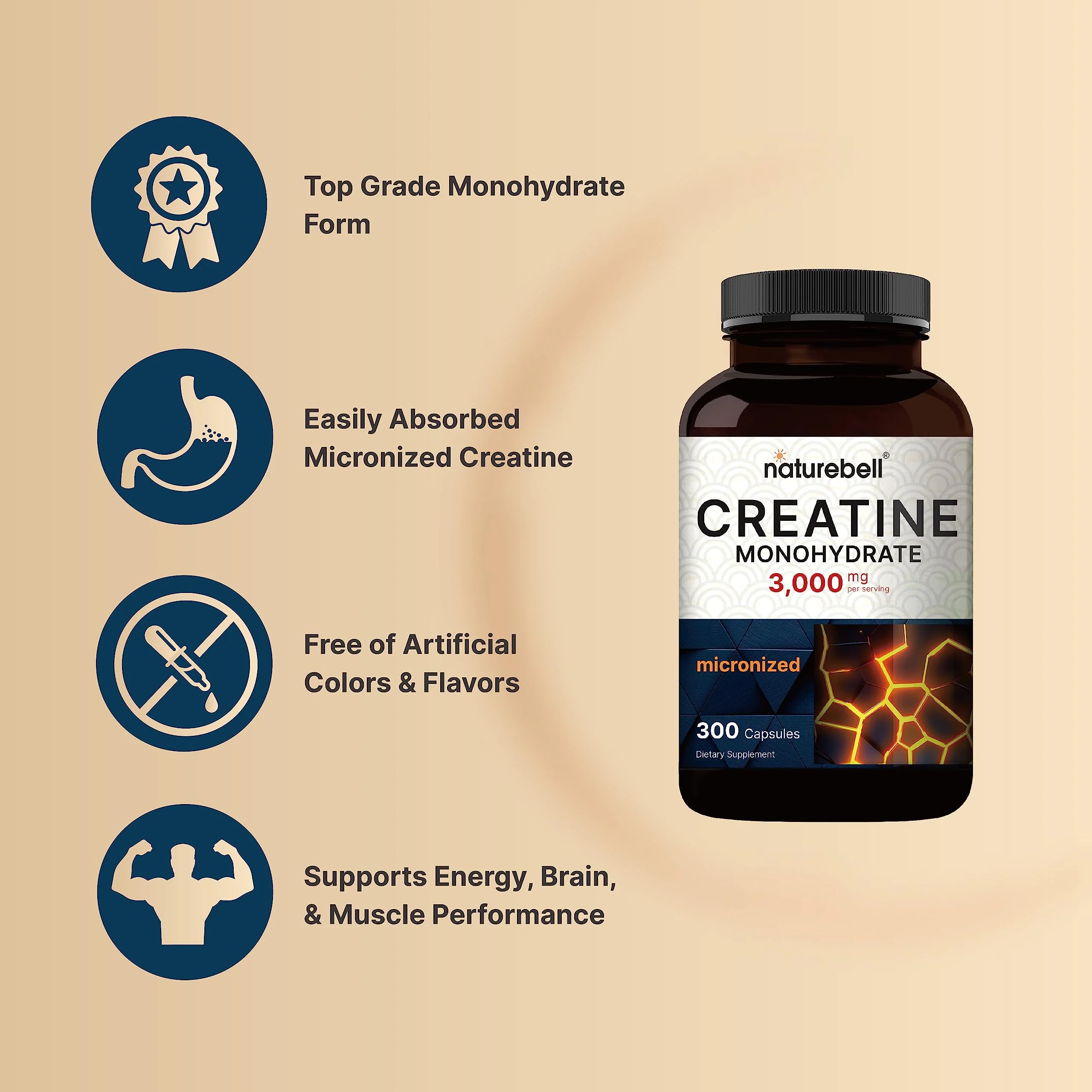 NatureBell Creatine Monohydrate Capsules 3,000mg Per Serving, 300 Count | Micronized, Unflavored Creatine Pills | Pre-Workout & Muscle Strength Support | Easy to Swallow, Filler-Free | 50 Servings - Image 6