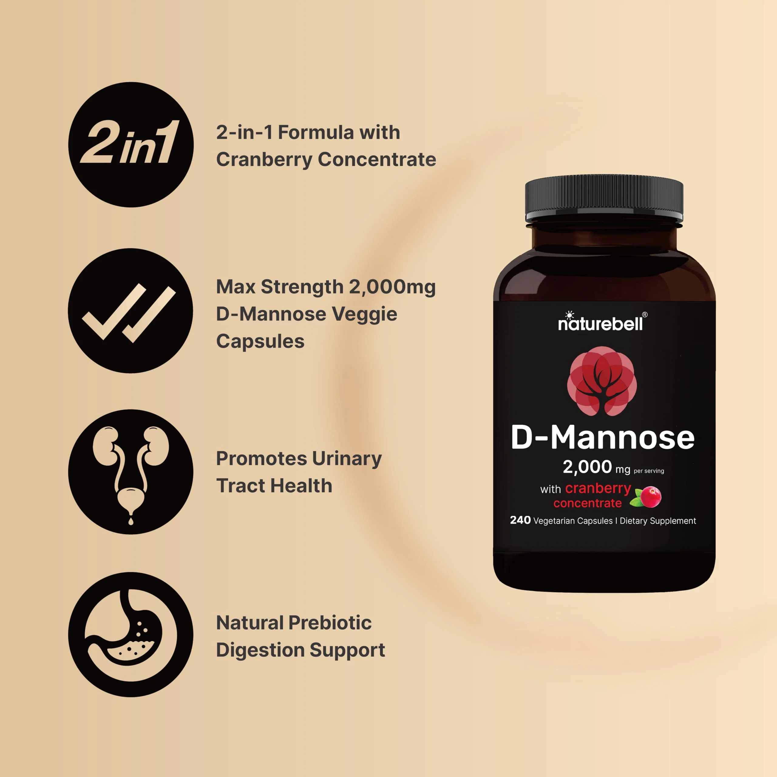 NatureBell D-Mannose 500mg Capsules (2,000mg Per Serving) | 240 Veggie Capsules + Cranberry Concentrate 40mg – Fast Acting Urinary Tract Health Pills – Ultra UTI Support for Women & Men - Image 7