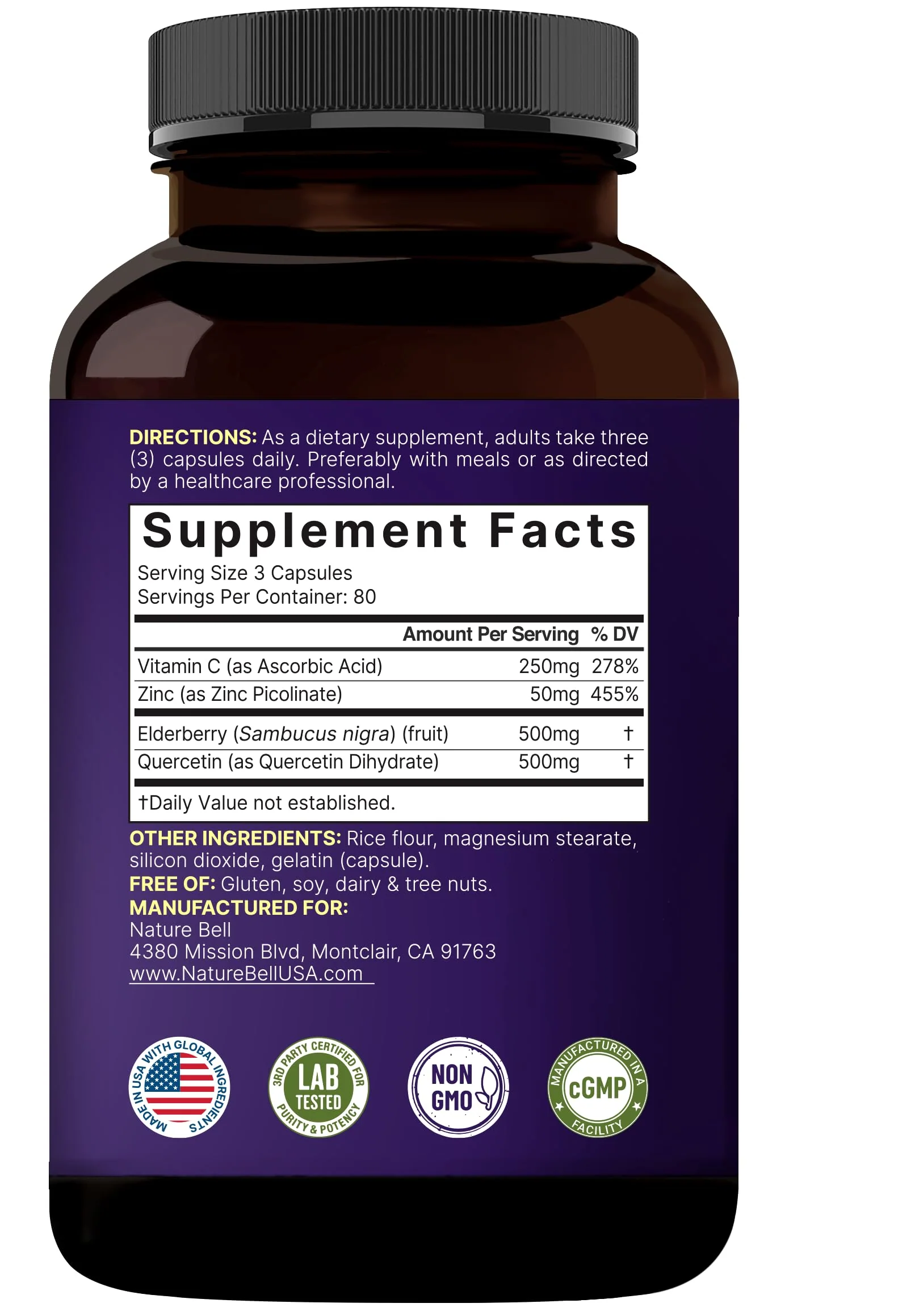NatureBell Elderberry Quercetin 4-in-1 with Vitamin C & Zinc, 240 Capsules | Traditional Herbal Supplement | 500mg Sambucus Nigra, 500mg Quercetin, 250mg Vitamin C, 50mg Zinc Picolinate per Serving - Image 3