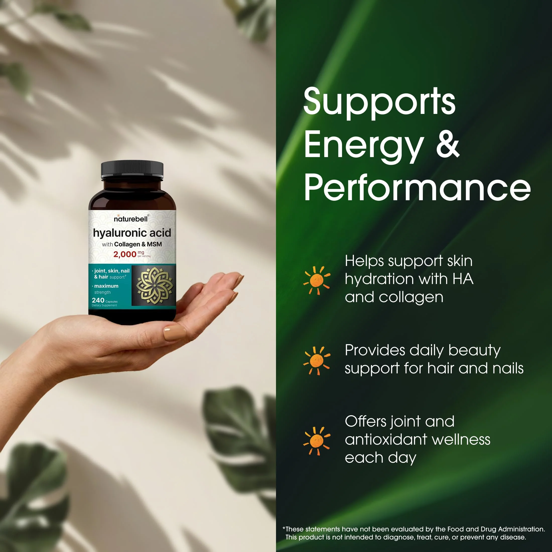 NatureBell Hyaluronic Acid 2,000mg with Collagen & MSM - 240 Capsules - Skin Hydration, Hair, Nail & Joint Support - Water Soluble Formula for Easy Absorption* - Non-GMO & Gluten-Free - Image 6