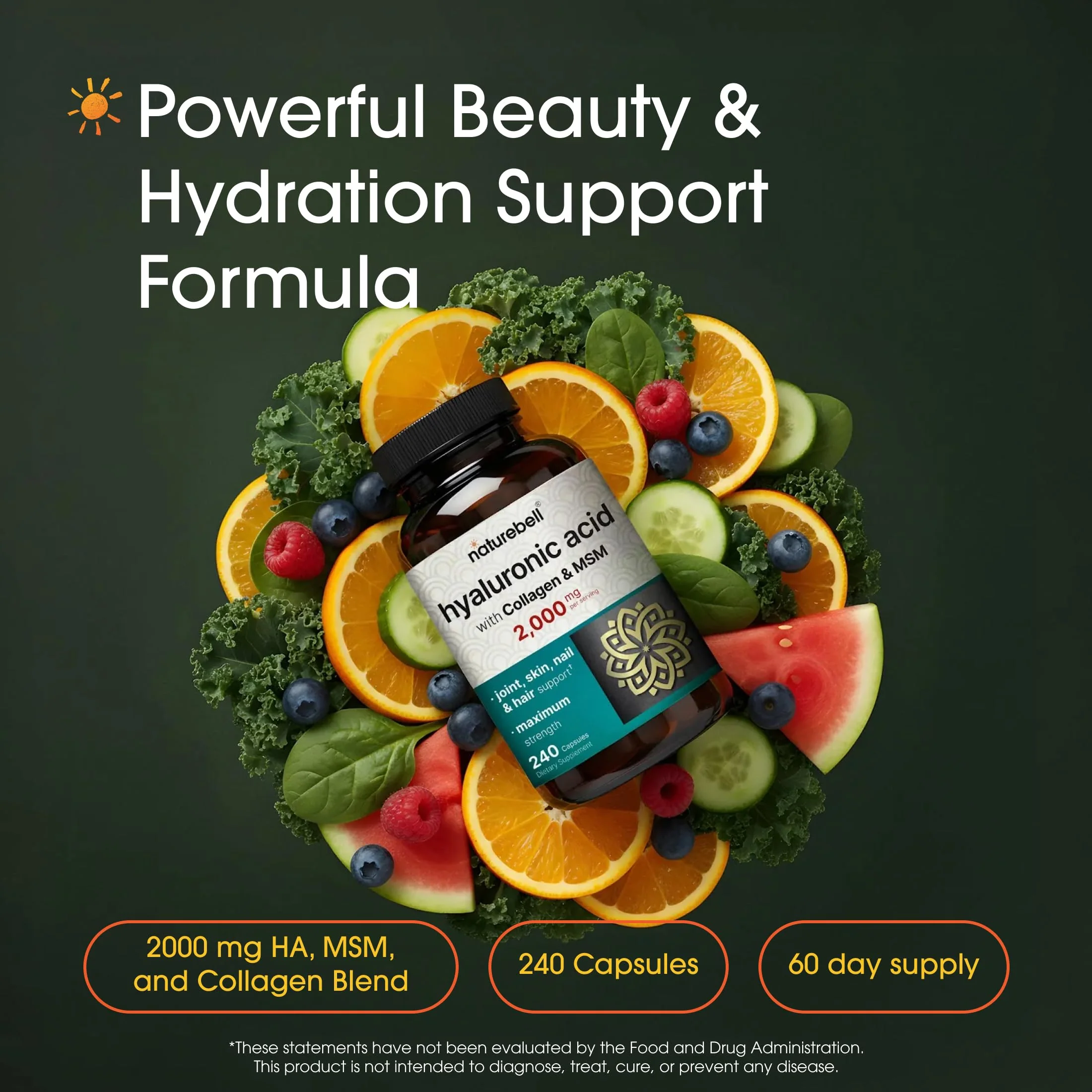 NatureBell Hyaluronic Acid 2,000mg with Collagen & MSM - 240 Capsules - Skin Hydration, Hair, Nail & Joint Support - Water Soluble Formula for Easy Absorption* - Non-GMO & Gluten-Free - Image 8