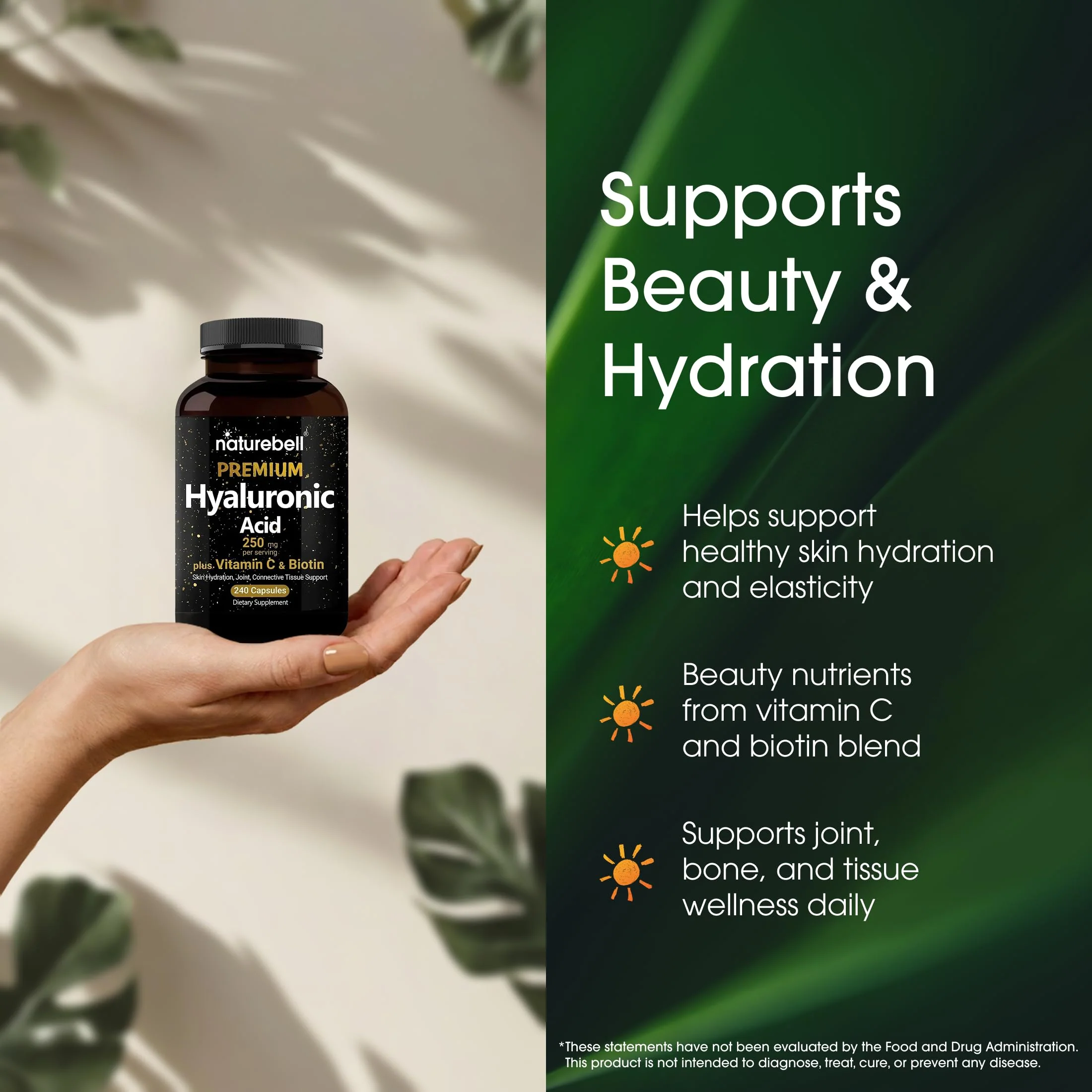 NatureBell Hyaluronic Acid 250mg - 240 Capsules - 250mg Hyaluronic Acid, 5000mcg Biotin & 25 mg Vitamin C - Supports Skin, Hair, Bone, Eye & Joint Health* - Image 6