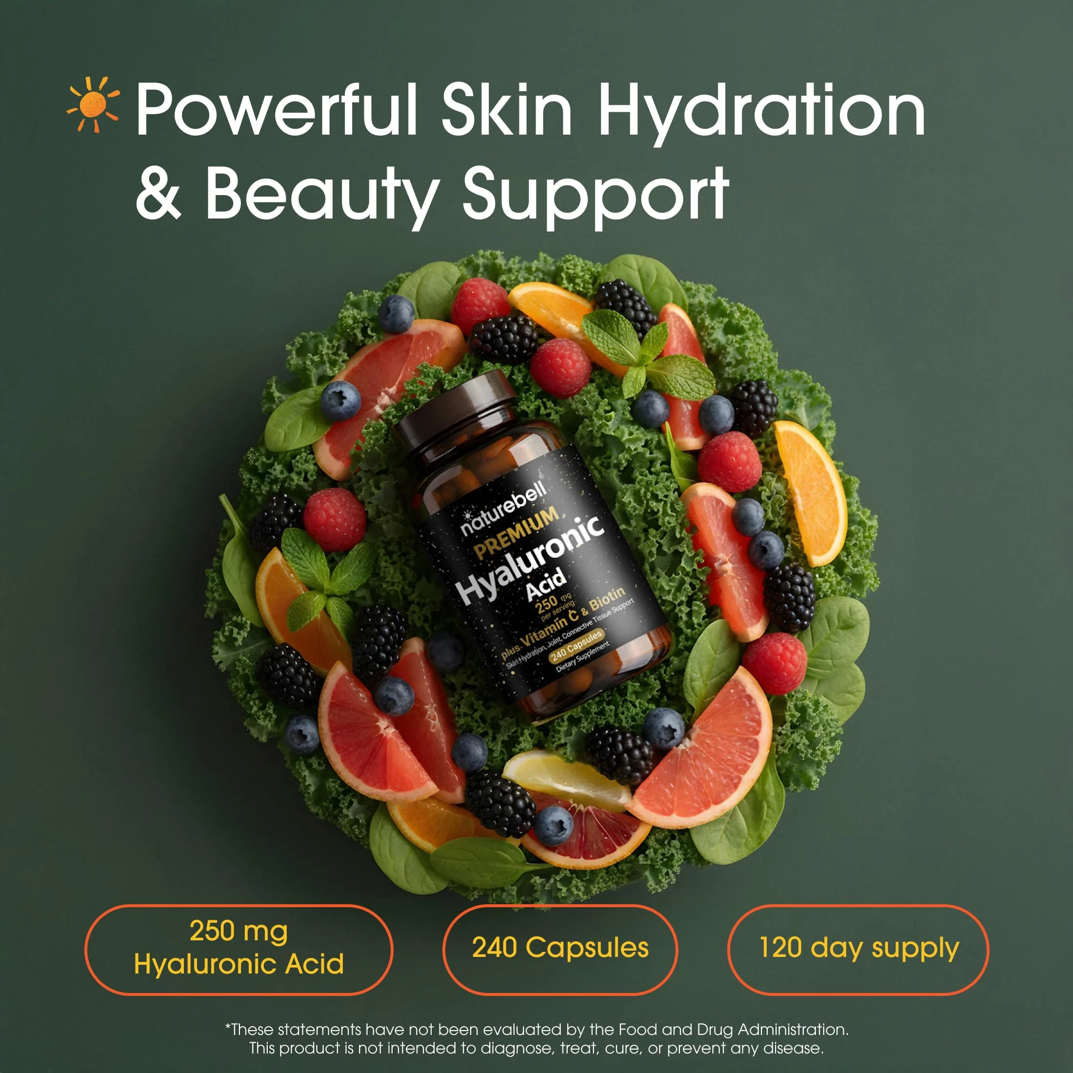 NatureBell Hyaluronic Acid 250mg - 240 Capsules - 250mg Hyaluronic Acid, 5000mcg Biotin & 25 mg Vitamin C - Supports Skin, Hair, Bone, Eye & Joint Health* - Image 8
