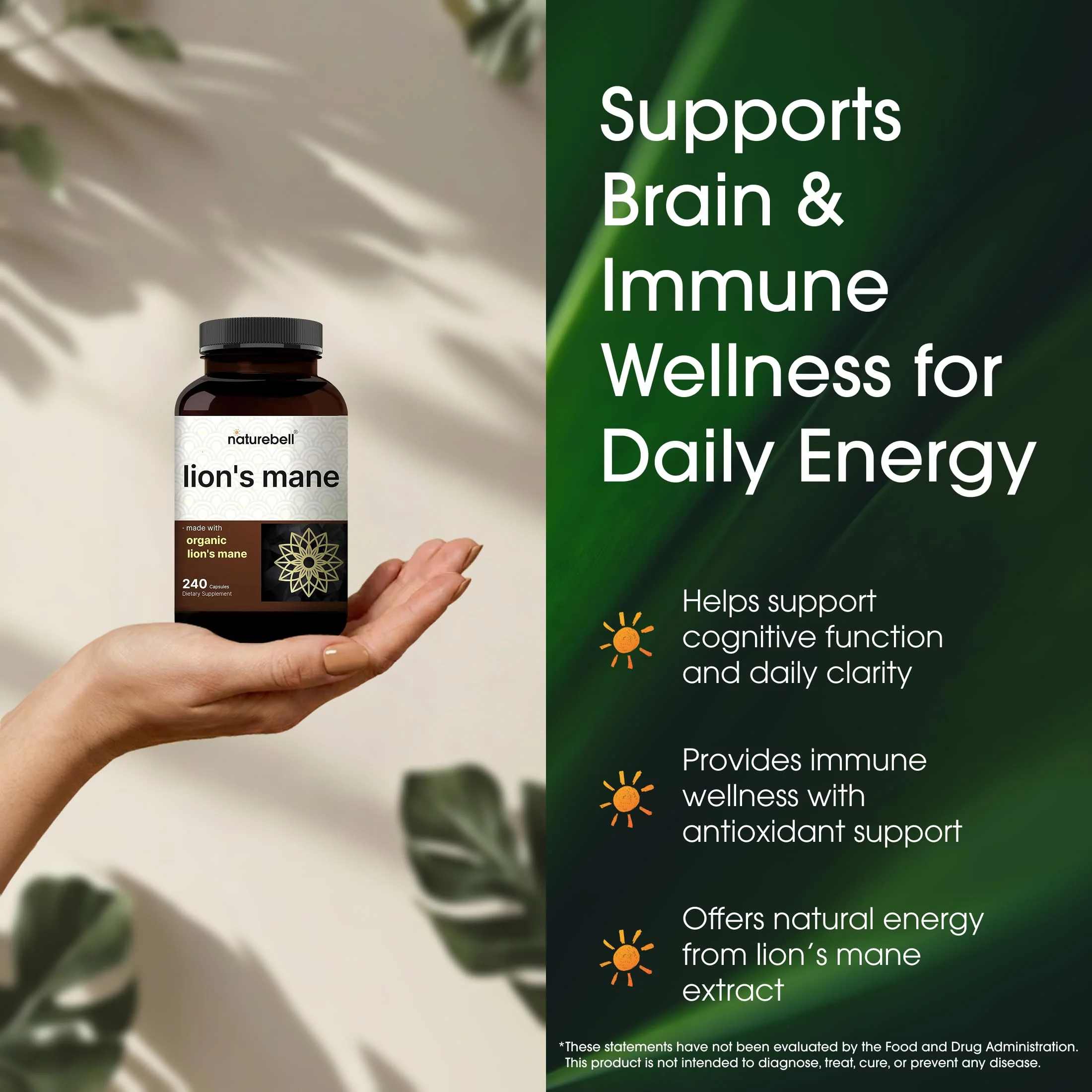NatureBell Lion’s Mane - 240 Capsules - Organic Fruiting Body & Mycelium - Brain, Immune & Energy Support* - High-Potency Extract - Non-GMO & Gluten-Free - Image 6