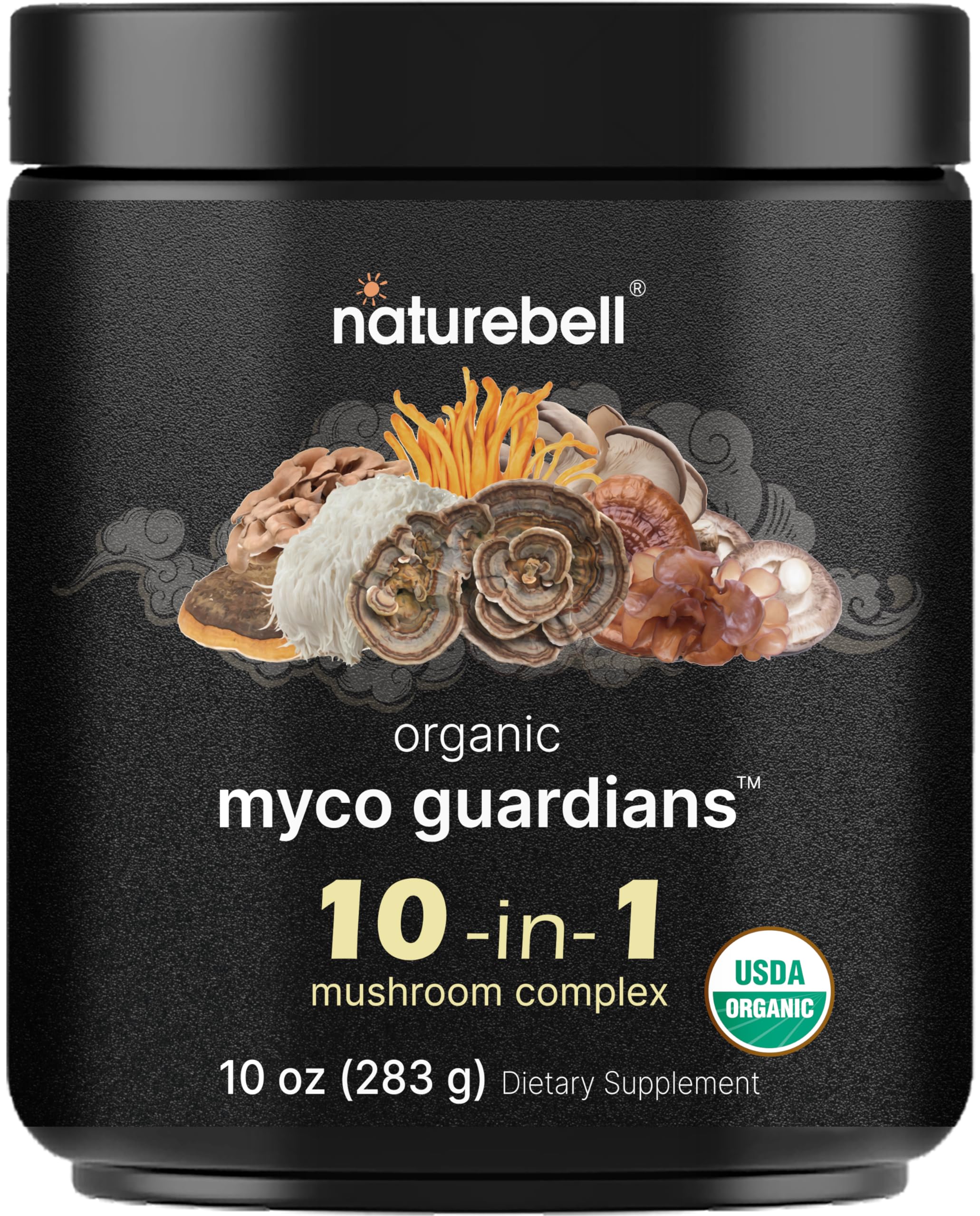 NatureBell Organic Mushroom Powder, 10oz | 10-in-1 Adaptogenic Blend with Lion’s Mane, Reishi, Shiitake, Chaga & More | Great for Coffee, Smoothies & Recipes
