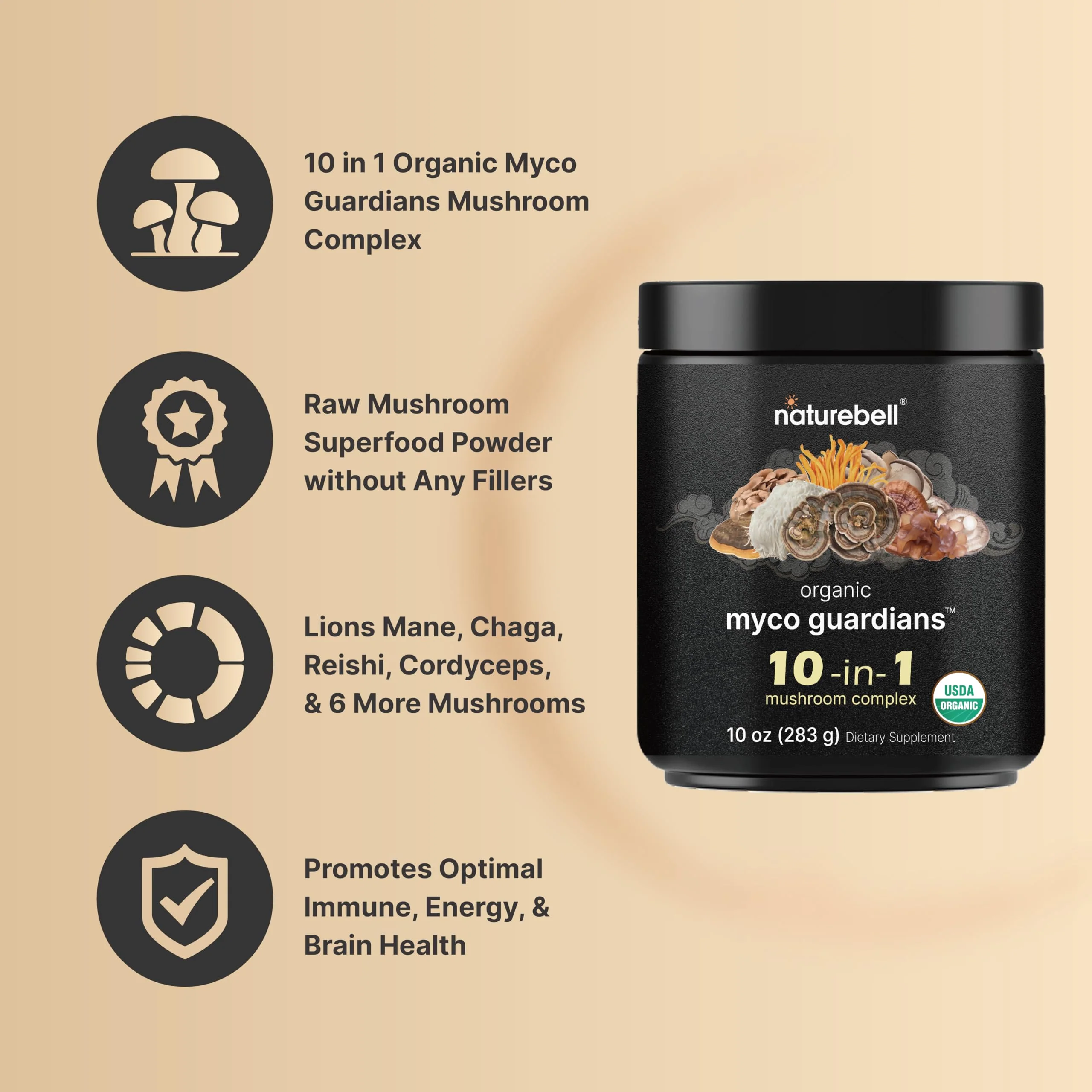 NatureBell Organic Mushroom Powder, 10oz | 10-in-1 Adaptogenic Blend with Lion’s Mane, Reishi, Shiitake, Chaga & More | Great for Coffee, Smoothies & Recipes - Image 8