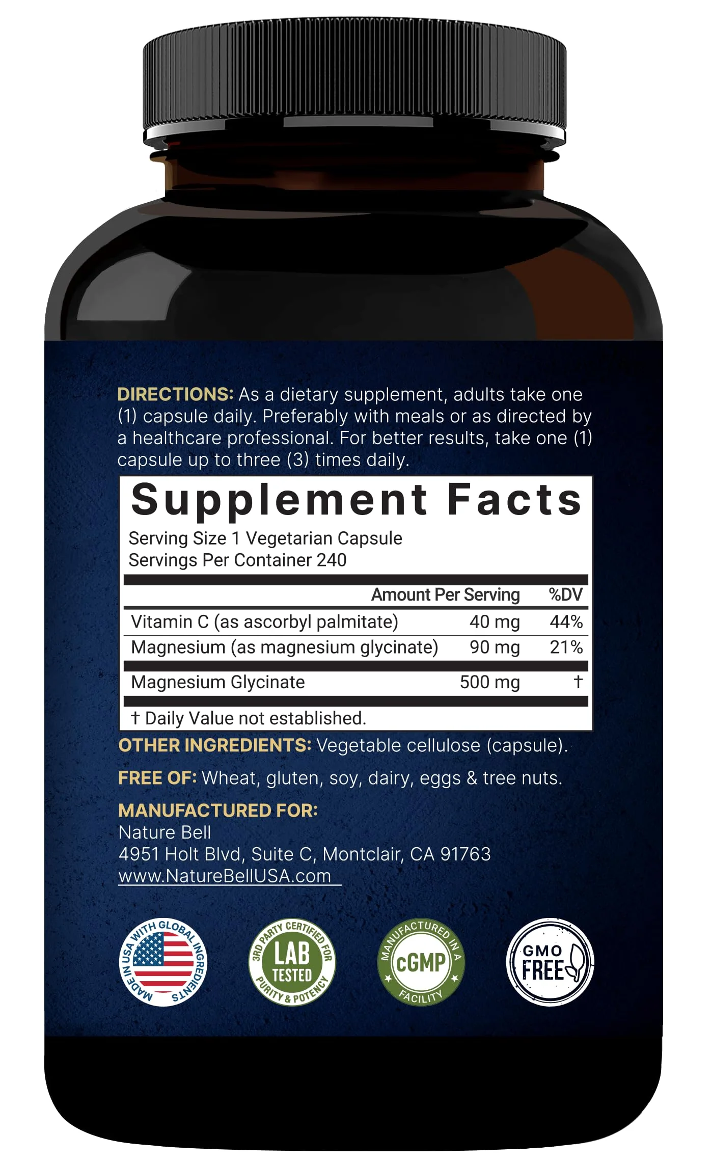 Naturebell Pure Magnesium Glycinate 500mg, 240 Veggie Capsules | 100% Chelated & Purified – 3rd Party Tested, Vegan Friendly, Non-GMO, Fiiler Free - Image 4