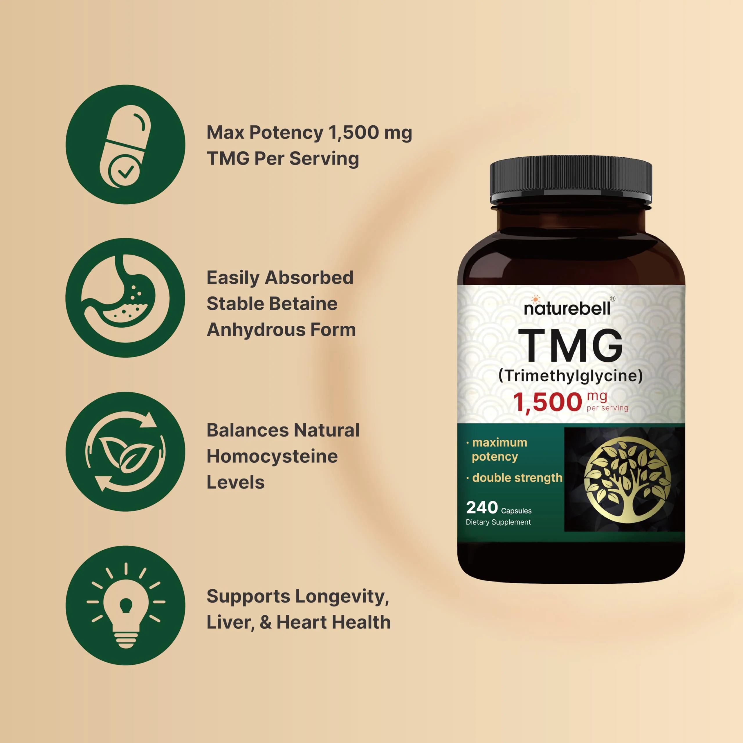 NatureBell TMG Supplements 1,500mg, 240 Capsules | Max Strength Betaine Anhydrous Trimethylglycine – Supports Healthy Homocysteine Balance, Heart & Liver Health – Non-GMO, Gluten Free - Image 7