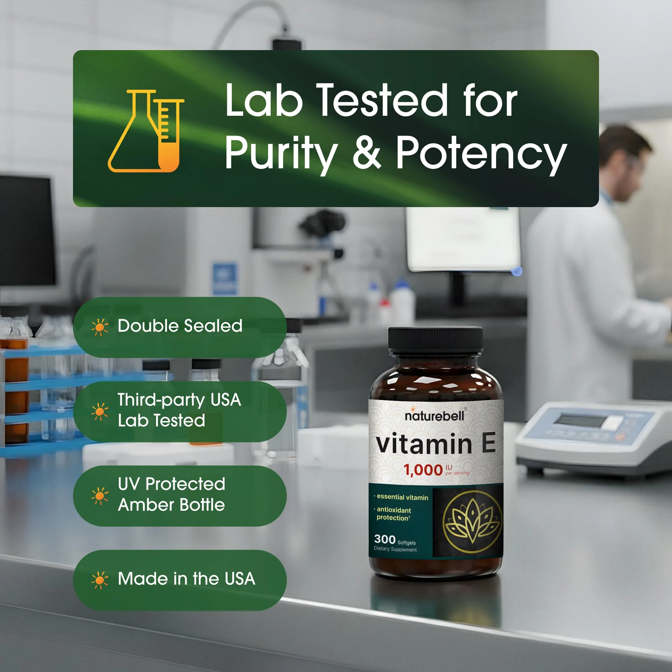 NatureBell Vitamin E 1,000 IU Per Serving - 300 Softgels - Antioxidant Supplement for Skin, Heart & Brain Health Support - High Bioavailability* - Gluten-Free & Non-GMO - Image 5