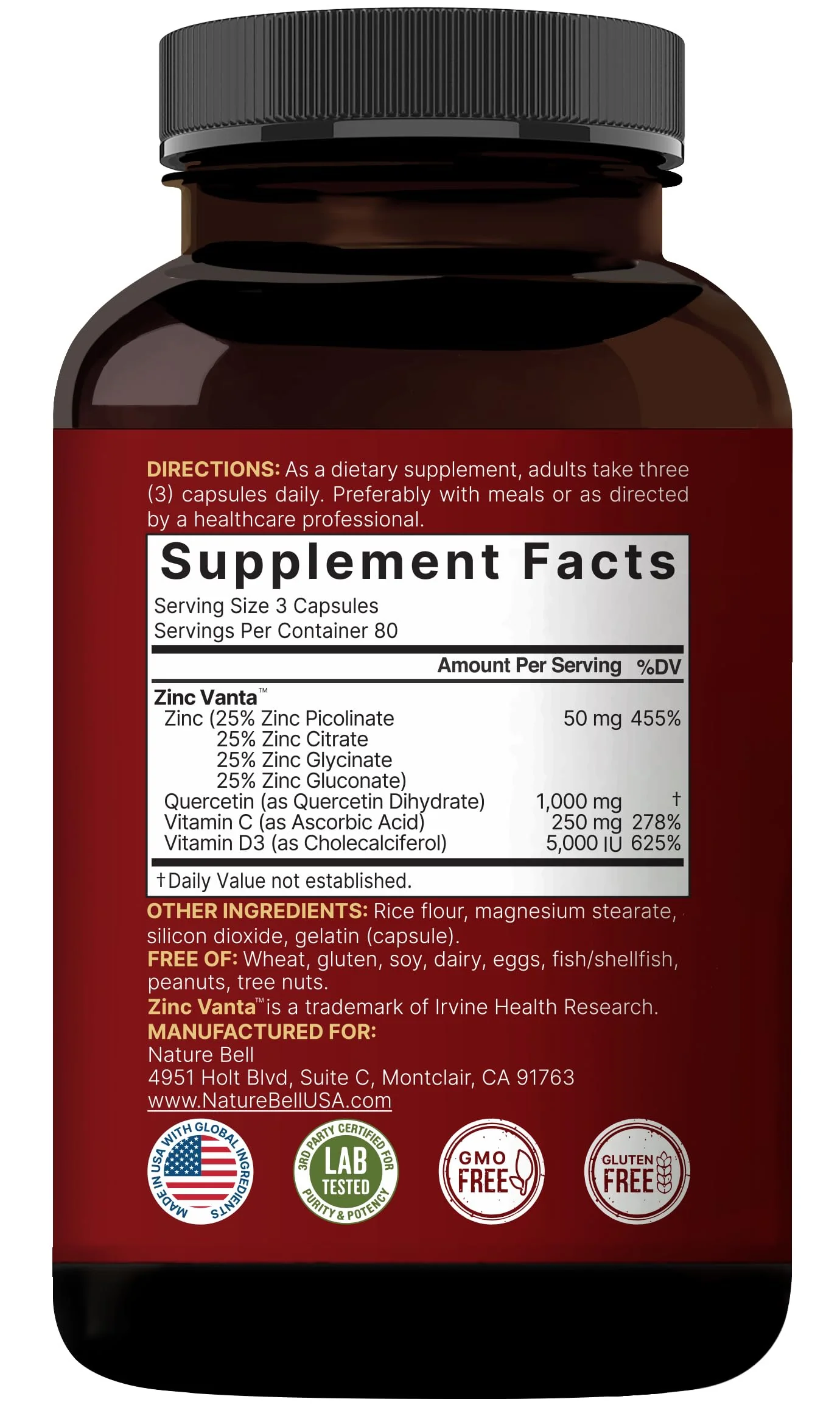 NatureBell Zinc Quercetin with Vitamin C & D3, 240 Capsules | Quercetin 1,000mg + Zinc 50mg + Vitamin C 250mg + Vitamin D3 5,000 IU | 4-in-1 Advanced Immune & Lung Support | ZincVanta Formula - Image 3