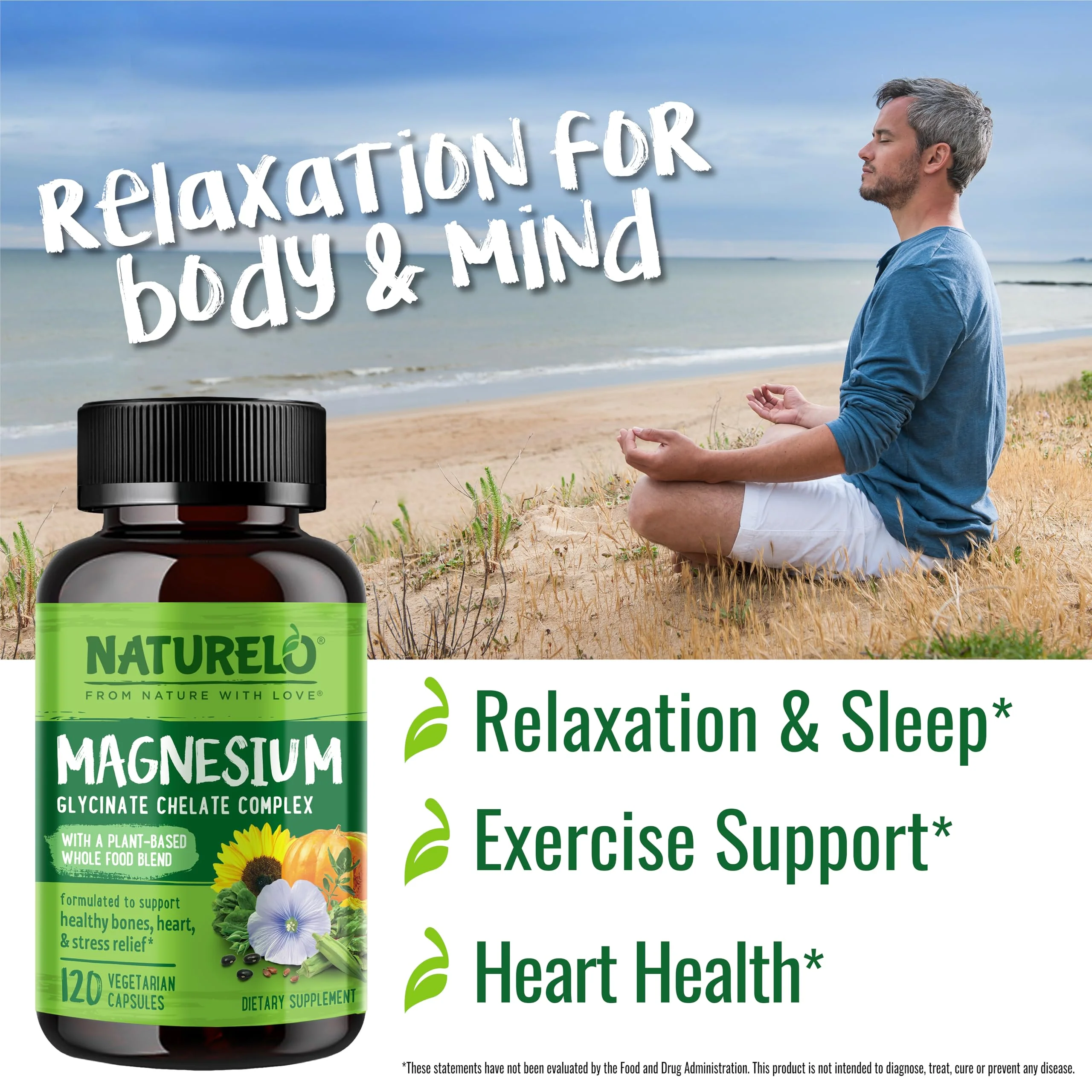 NATURELO Magnesium Glycinate Chelate Complex - 200 mg Magnesium with Organic Vegetables to Support Sleep, Calm, Muscle Cramp & Stress Relief - Gluten Free, Non GMO - 120 Capsules - Image 6