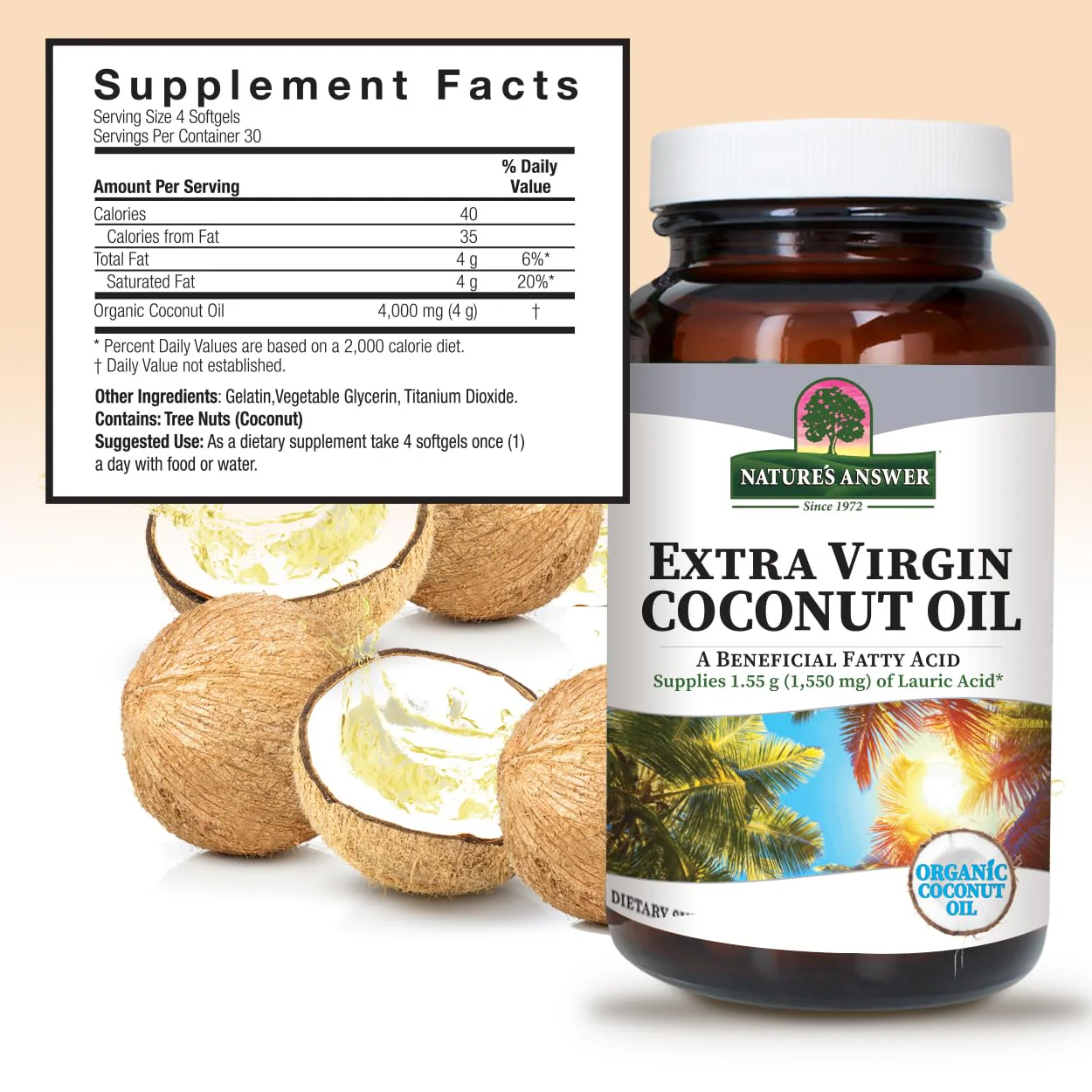 Nature's Answer Extra Virgin Coconut Oil Softgels Organic Coconut Oil Multi-Purpose Non-GMO Ideal for For Hair Skin Body Moisturizer Gluten Free Paleo Friendly (120 Capsules) - Image 3