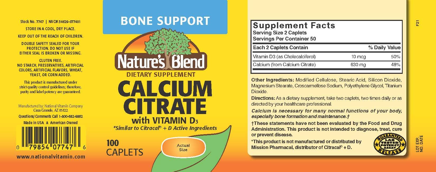 Nature's Blend Calcium Citrate with D3 100 Cplts - Image 3