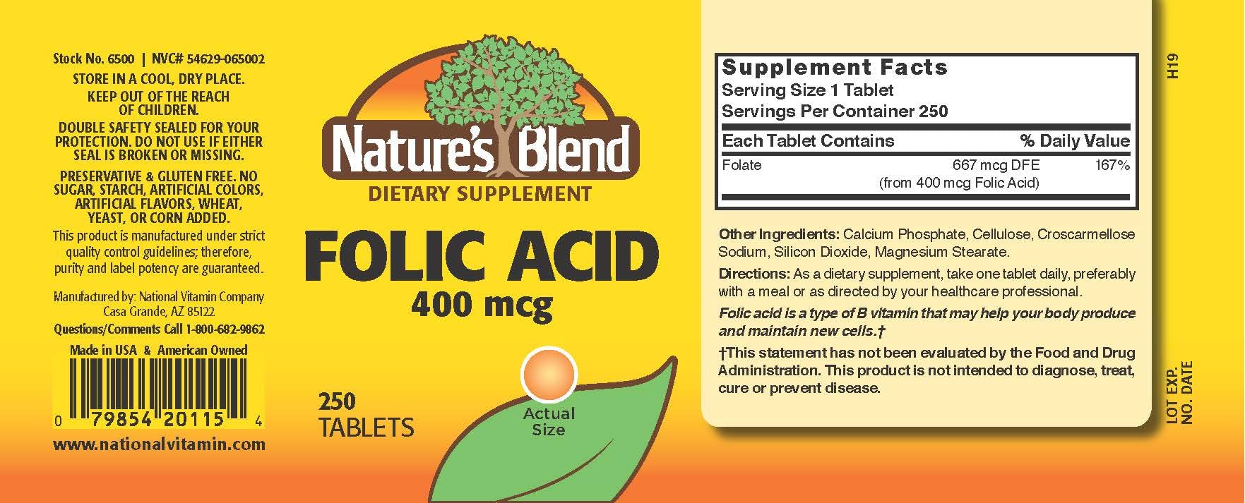 Nature's Blend Folic Acid 400 mcg 400 mcg 250 Tabs - Image 3