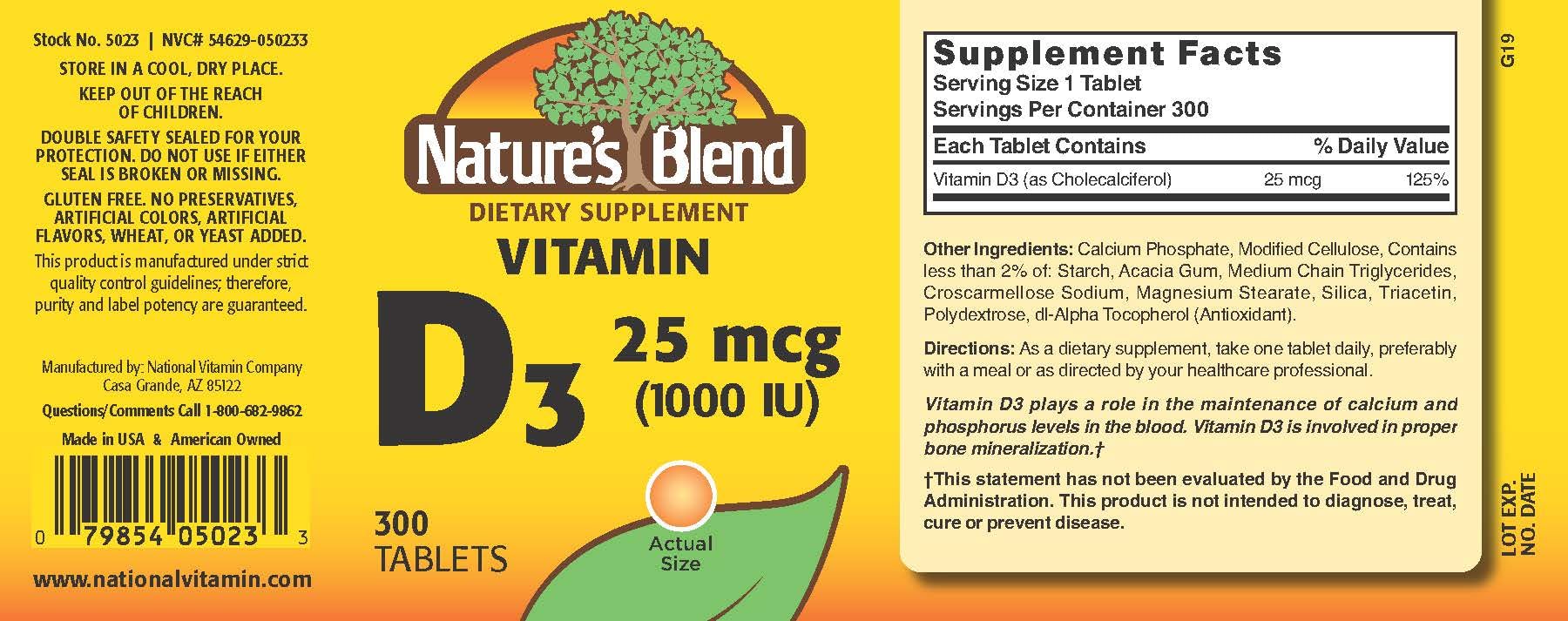 Nature's Blend Vitamin D3 1000 IU 300 Tablets - Image 3
